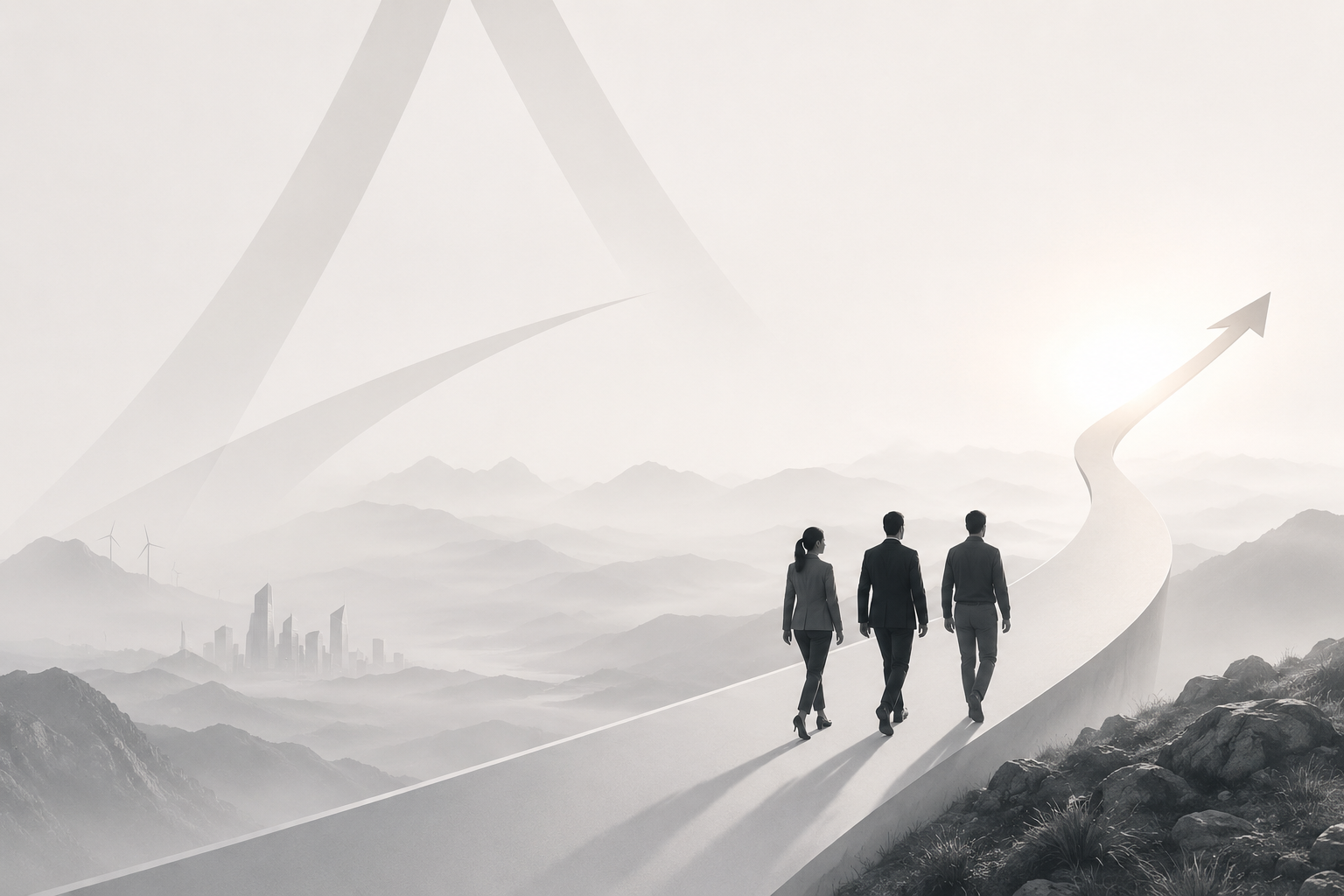 Three businesspeople walking along a winding path on a mountainous landscape with city skyline in the distance, symbolizing progress and growth.