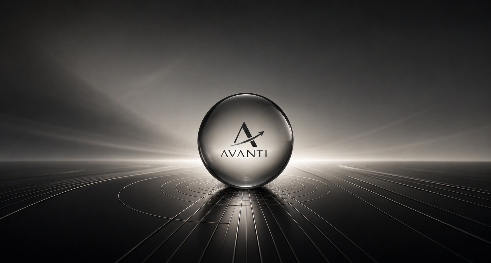 A glass sphere with the Avanti logo and an arrow symbol, placed on a reflective surface with curved metal lines, against a dark, foggy background with light rays emanating from behind.