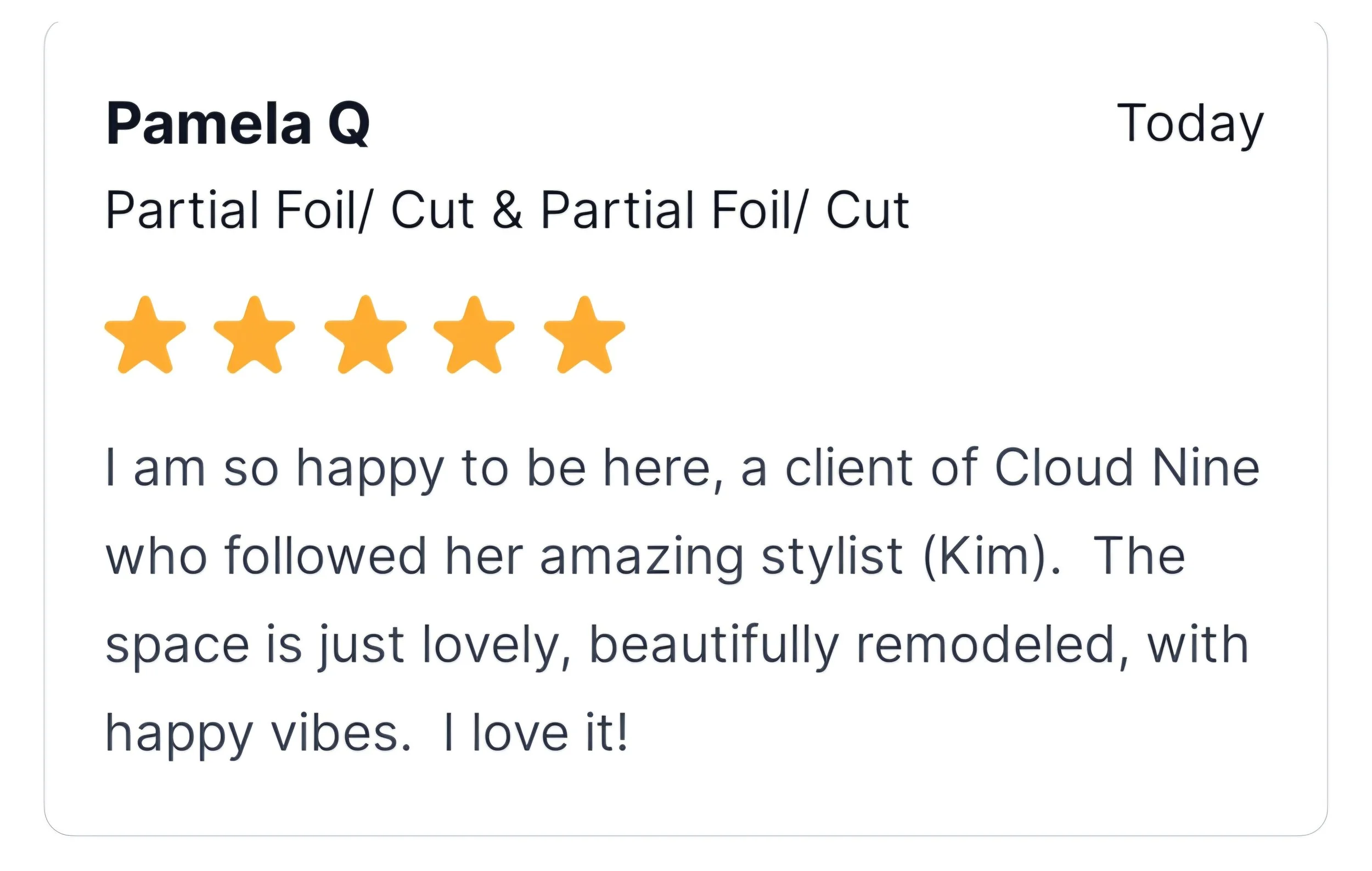 Close-up of a customer review interface showing the name Pamala Q, a 5-star rating, and a brief positive comment about the service.