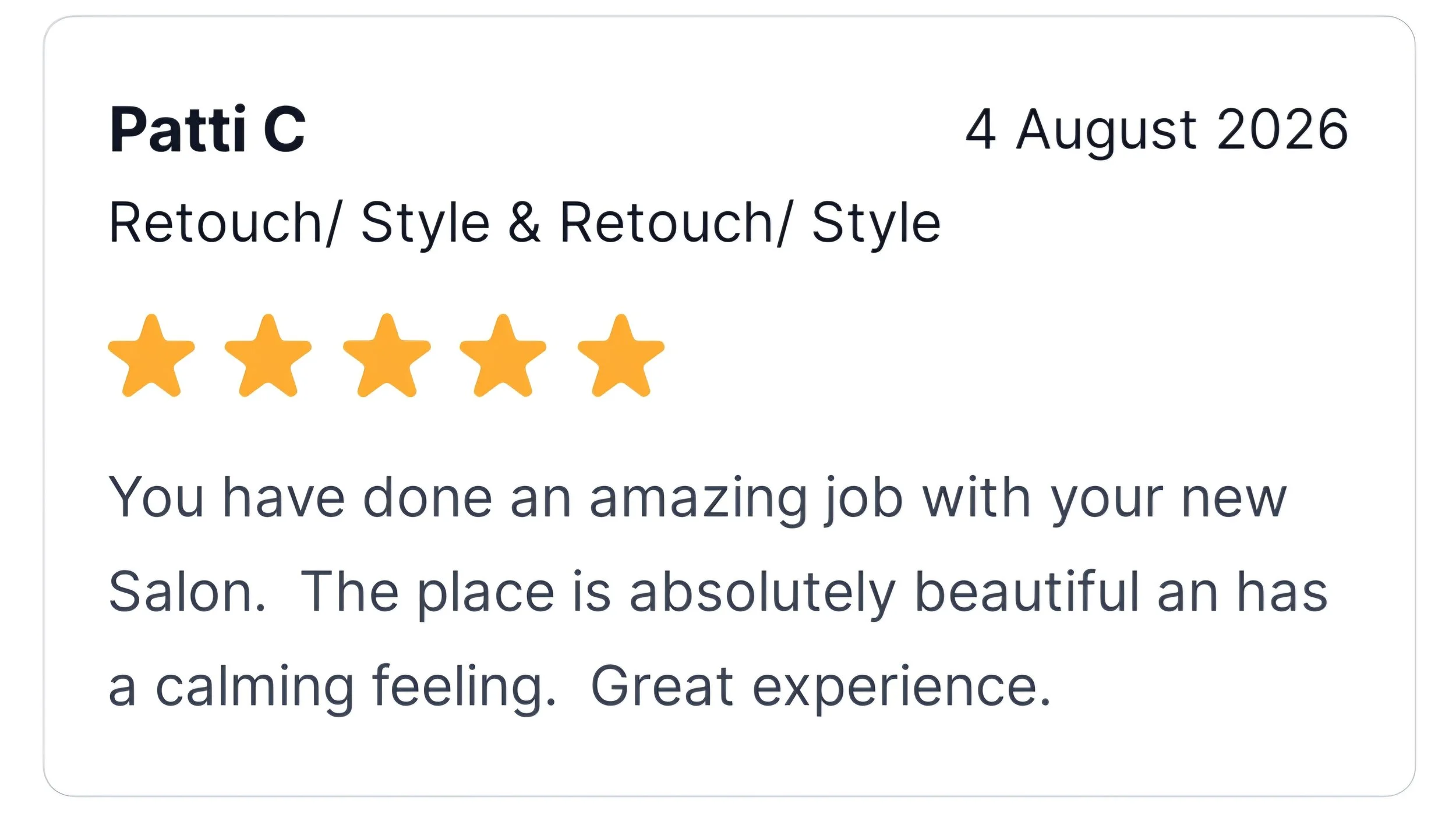 A digital achievement or review certificate for Patti C dated August 4, 2026, with a five-star rating, expressing praise for her work in retouching, style, and retouching style.