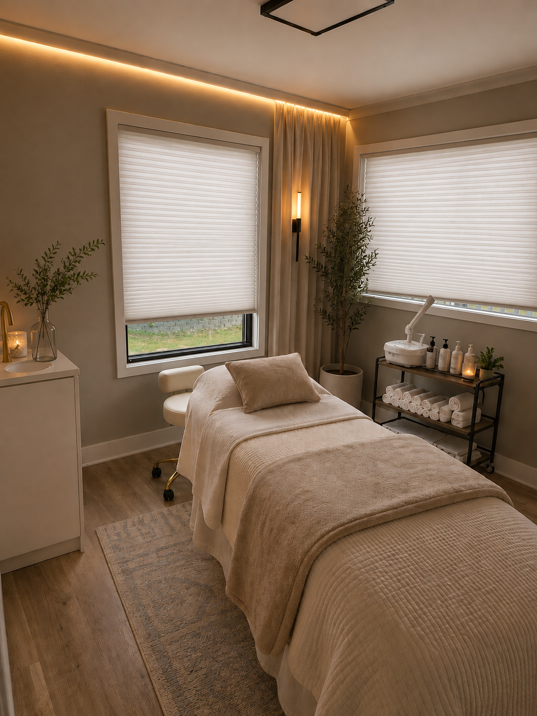 A relaxing massage room with a massage bed, large windows with white blinds, soft lighting, and calming decor including plants, candles, and rolled towels.