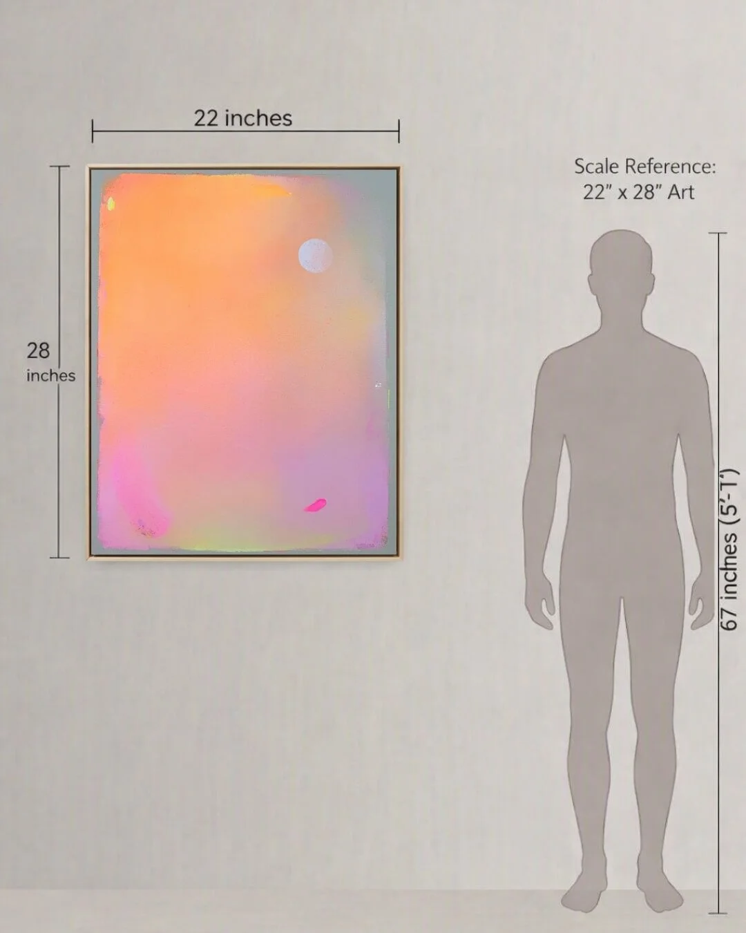 Size comparison showing a large artwork next to a human silhouette to illustrate its scale.