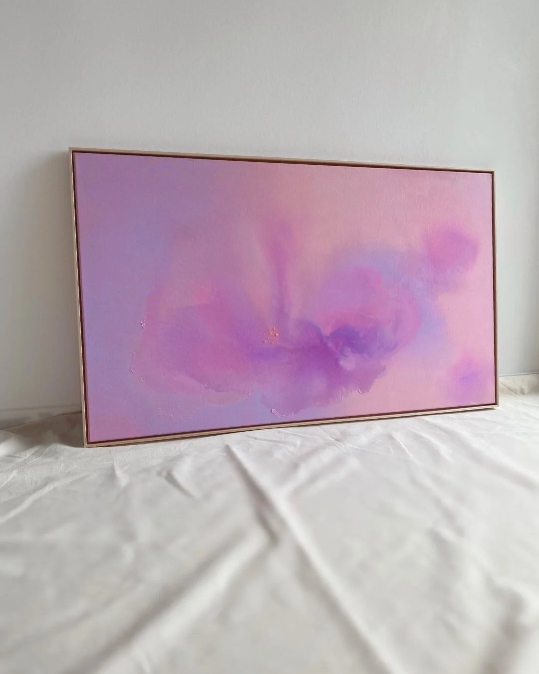 Soft Bloom, an original abstract canvas painting featuring flowing gradients in soft pink, lavender, and gentle purple by Vanessa Ochi