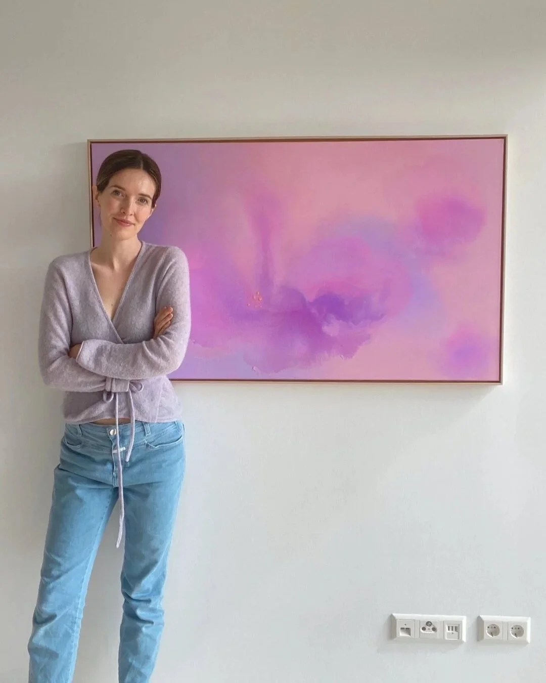 Soft Bloom, an original abstract canvas painting featuring flowing gradients in soft pink, lavender, and gentle purple with the artist Vanessa Ochi