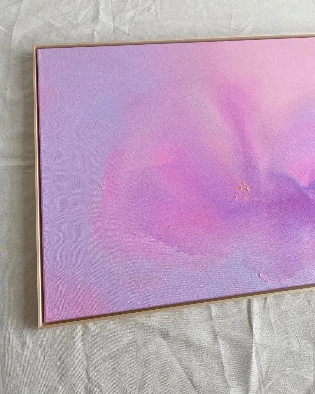 Close-up detail of smooth paint blending and delicate lavender and pink gradients from the abstract painting Soft Bloom by Vanessa Ochi