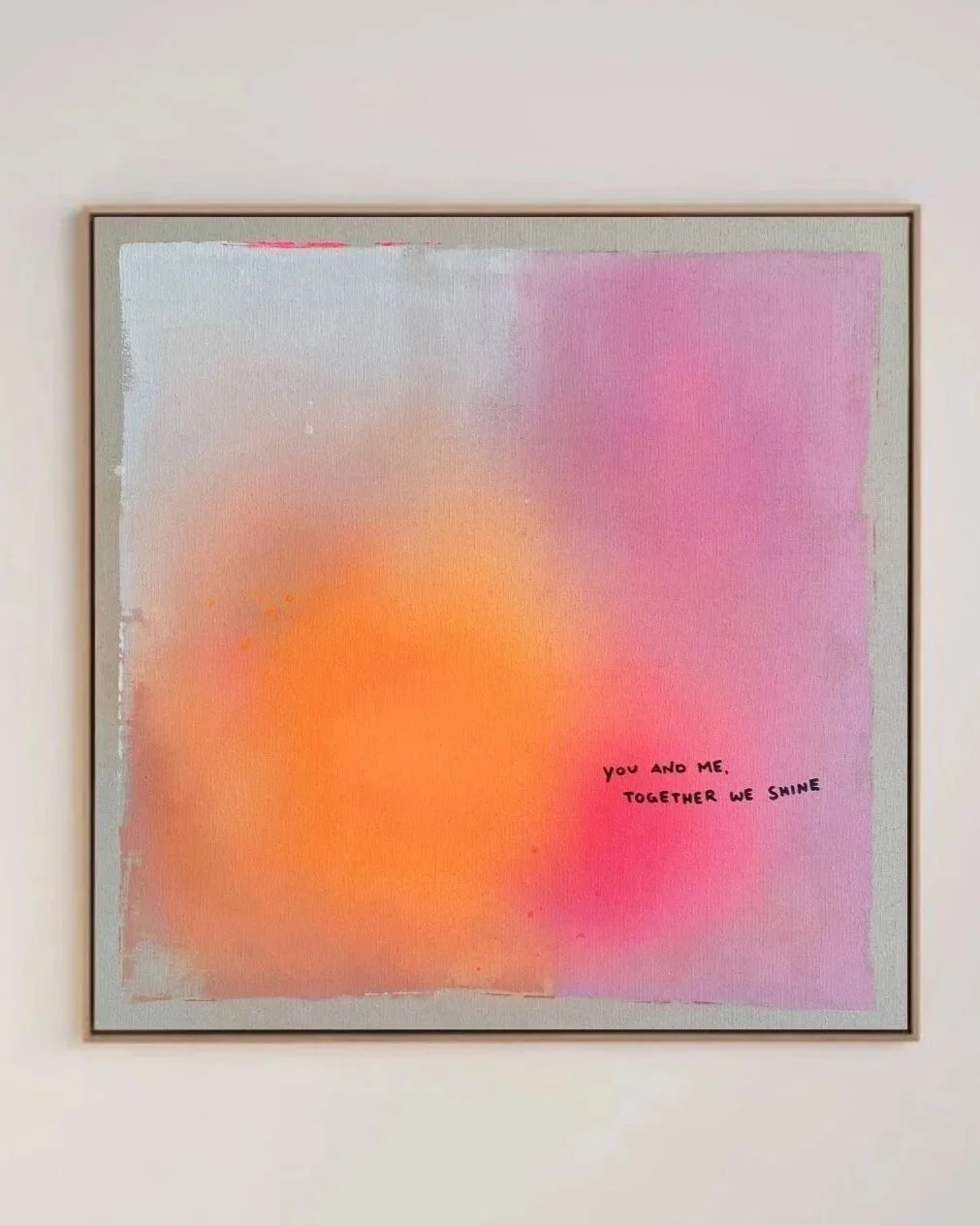Original abstract love-inspired painting featuring a warm gradient of delicate white, radiant orange, pink, and rose by Vanessa Ochi
