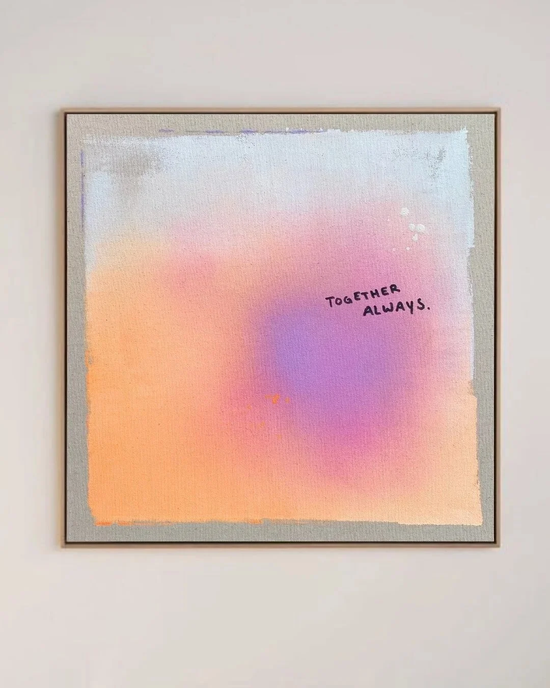 Original modern abstract painting with a vibrant color gradient in neon orange and deep purple, featuring the written quote 'Forever together' by Vanessa Ochi