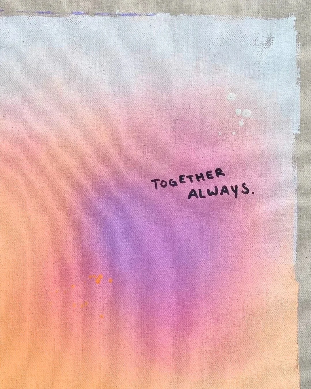 Close-up detail of the written text 'Forever together' over radiant neon orange and purple color gradients by Vanessa Ochi