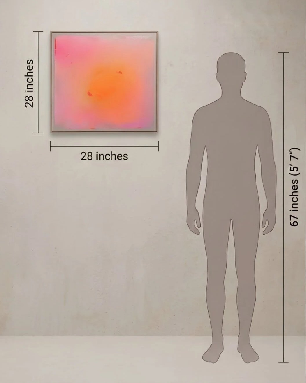 Size comparison showing a large artwork next to a human silhouette to illustrate its scale