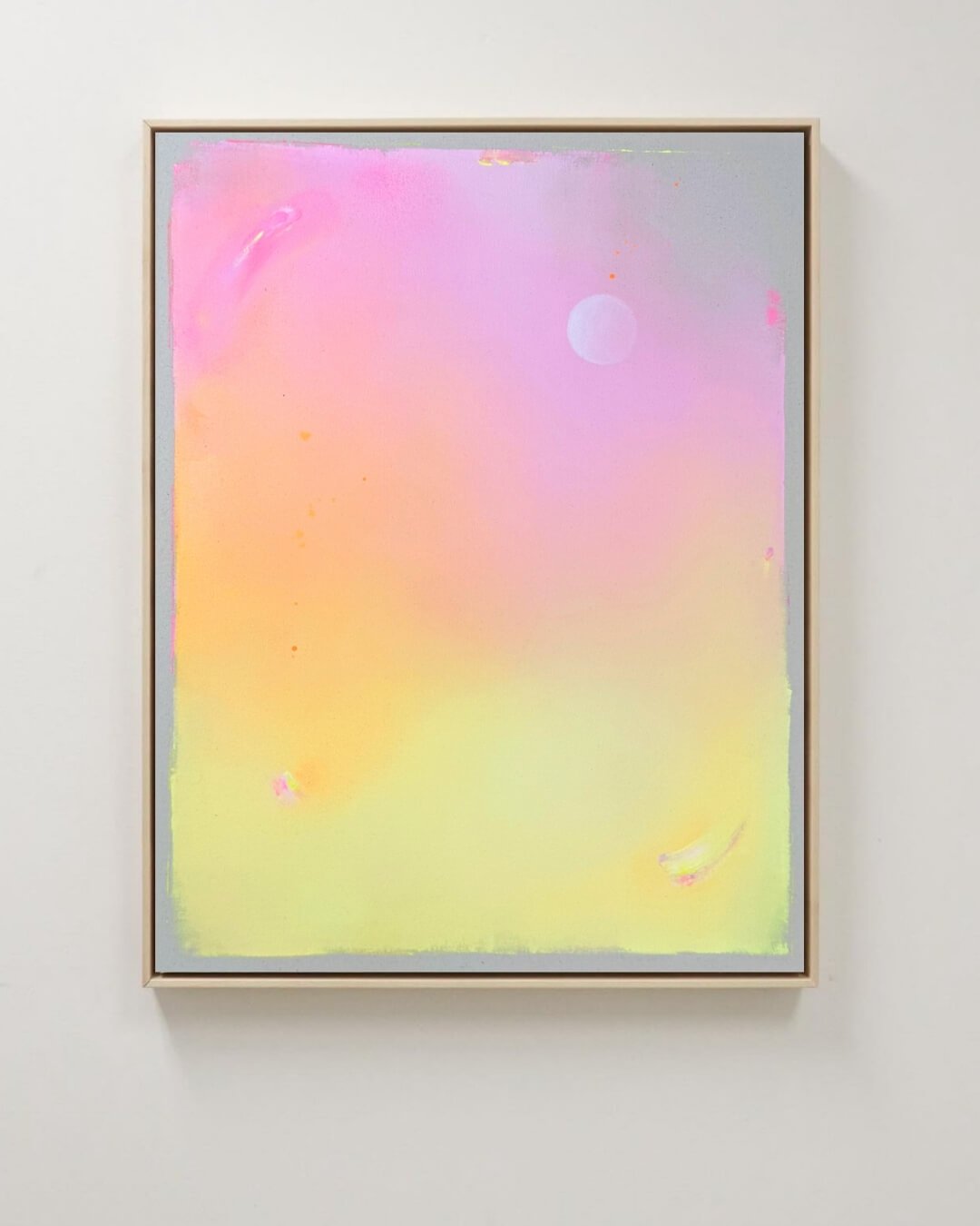 Dreamy abstract canvas art depicting a glowing white full moon with subtle sparkle set against a vibrant purple, pink, orange, and yellow gradient by Vanessa Ochi.