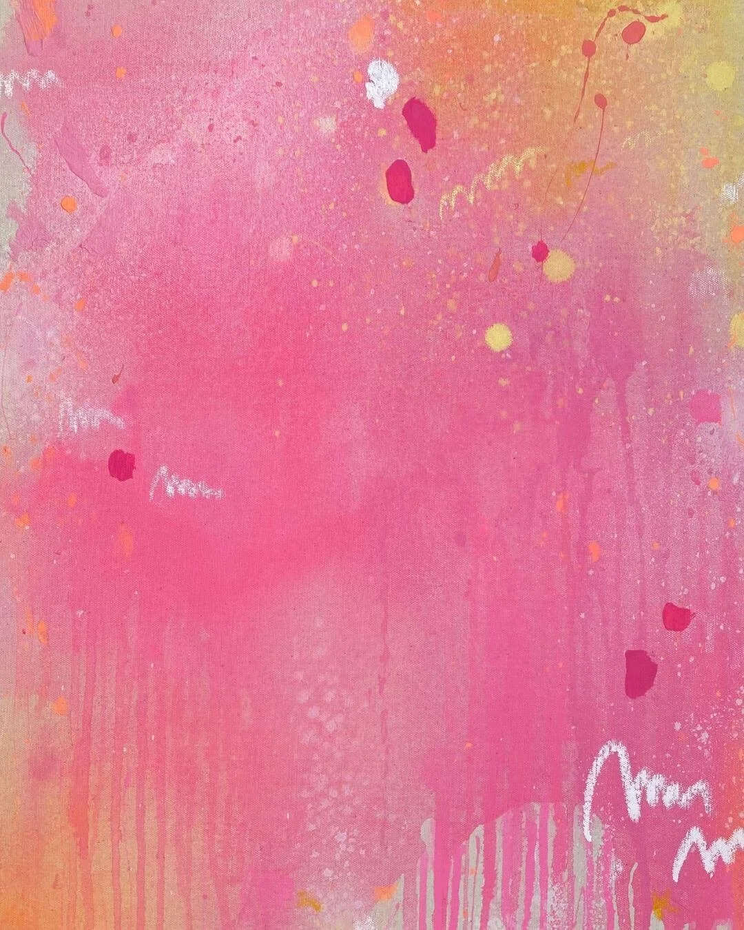 Close-up detail shot focusing on the white chalk-like scribble accents, paint drips, and fine neon splatter over a hot pink background by Vanessa Ochi