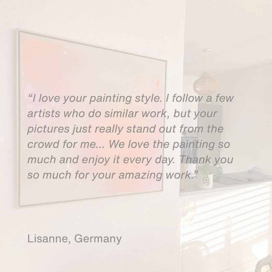 Customer feedback: "I love your painting style. etc. Colorful artwork in the kitchen