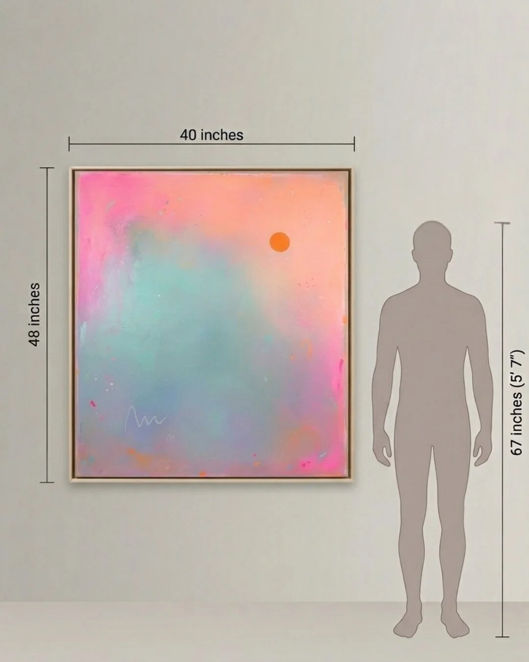 Size comparison showing a large artwork next to a human silhouette to illustrate its scale.