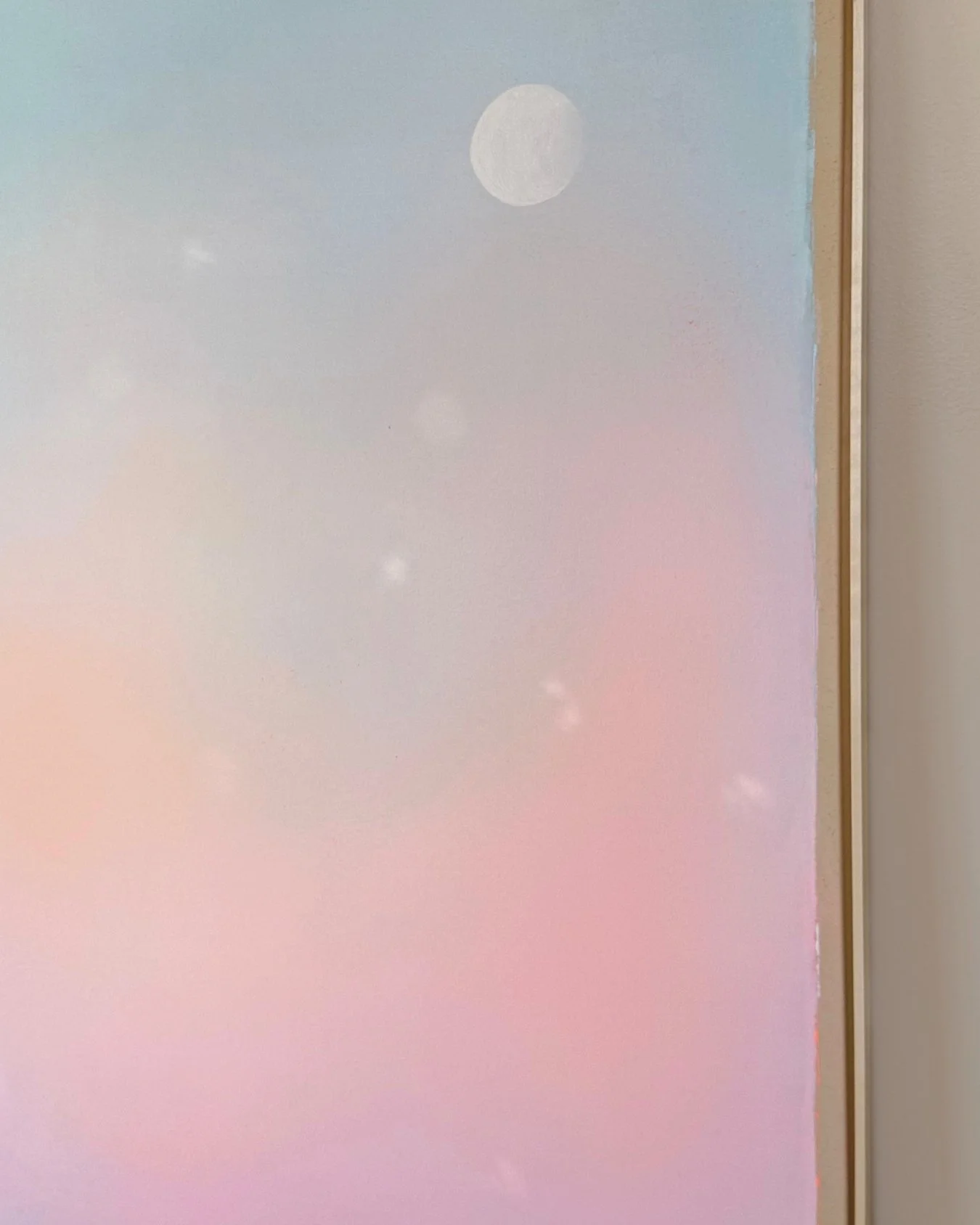 Detail view from Large abstract canvas art depicting a dreamy atmospheric sky with seamless transitions of pastel blue, soft pink, and warm orange by Vanessa Ochi