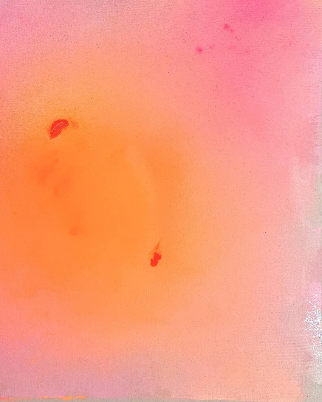 Detail shot showing delicate sparkle, purple accents, and soft canvas texture in a pink and orange gradient painting