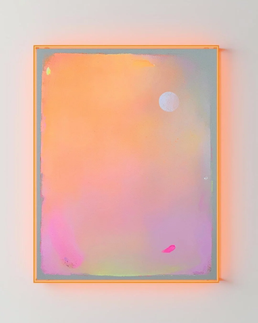 Original abstract night sky painting featuring a white full moon, subtle glitter, and a radiant gradient of pink, orange, yellow, and purple by Vanessa Ochi