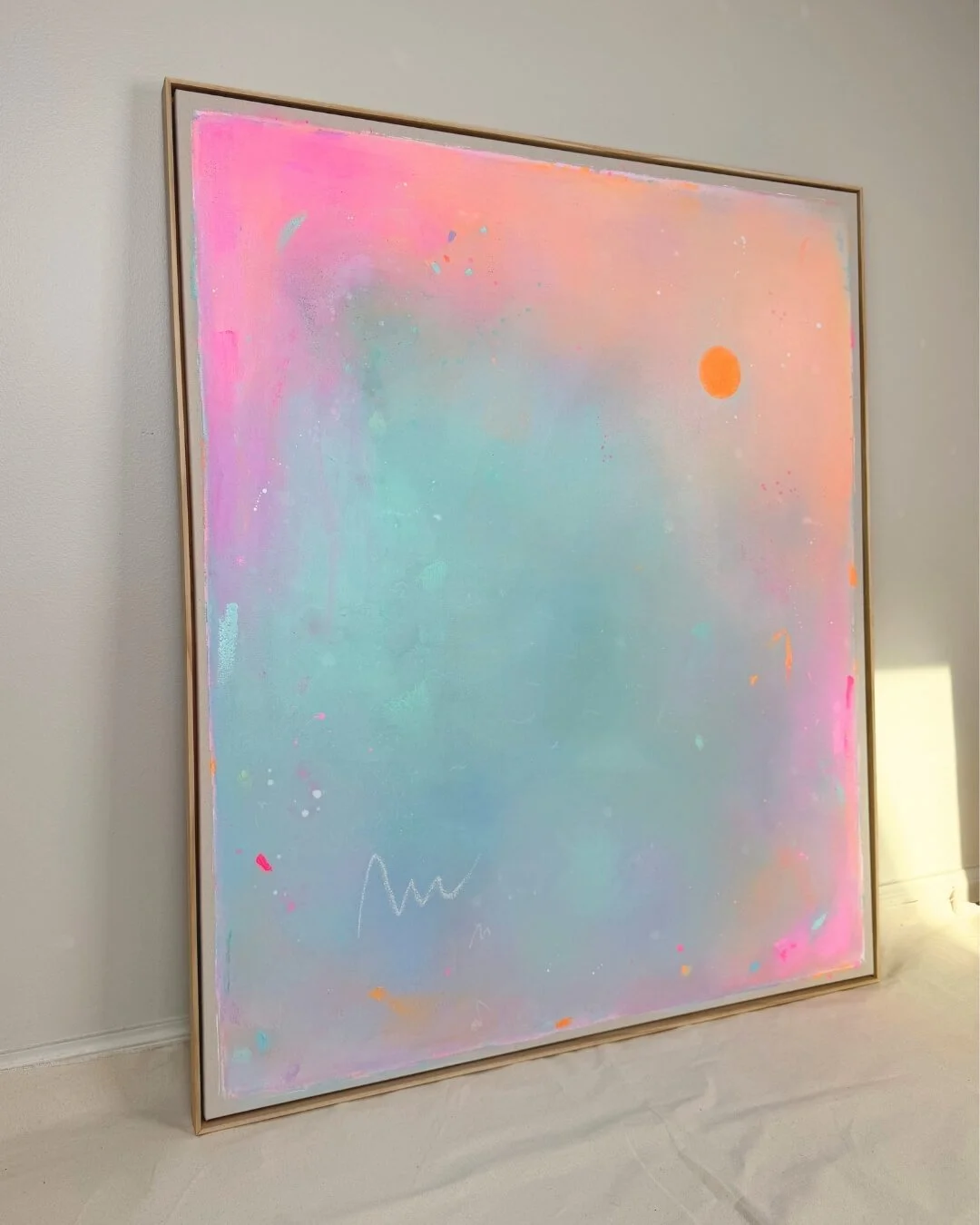 Atmospheric abstract landscape depicting a sunrise, featuring a radiant orange sun set against a soft-gradient background of turquoise, green, and pink by Vanessa Ochi