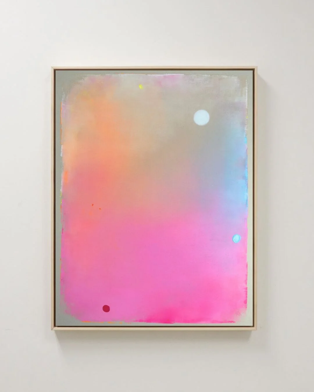 Original abstract painting featuring a holographic (holo) effect full moon against a dreamy gradient sky of warm pink, orange, and soft blue by Vanessa Ochi.