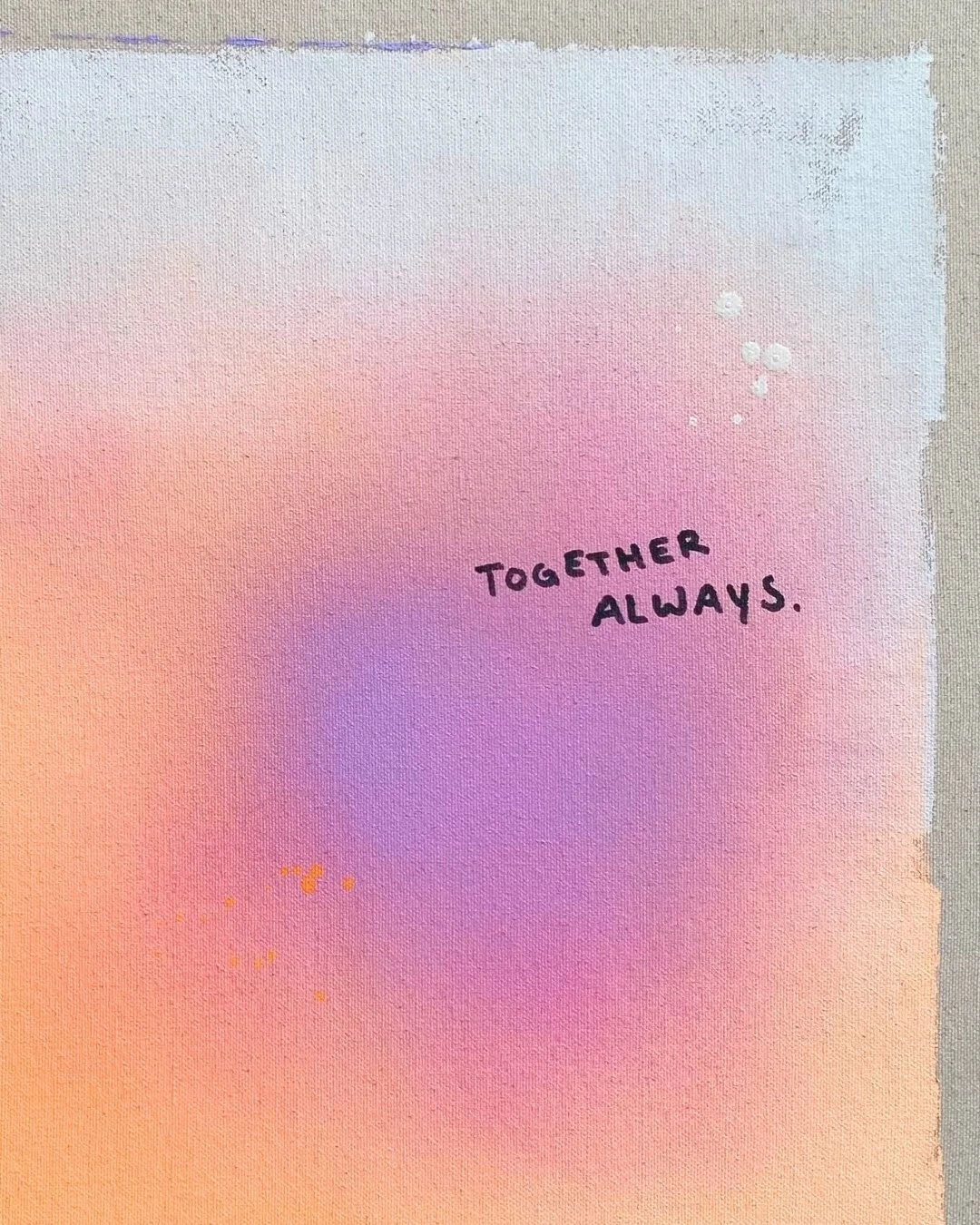 Close-up detail of the written text 'Forever together' over radiant neon orange and purple color gradients by Vanessa Ochi