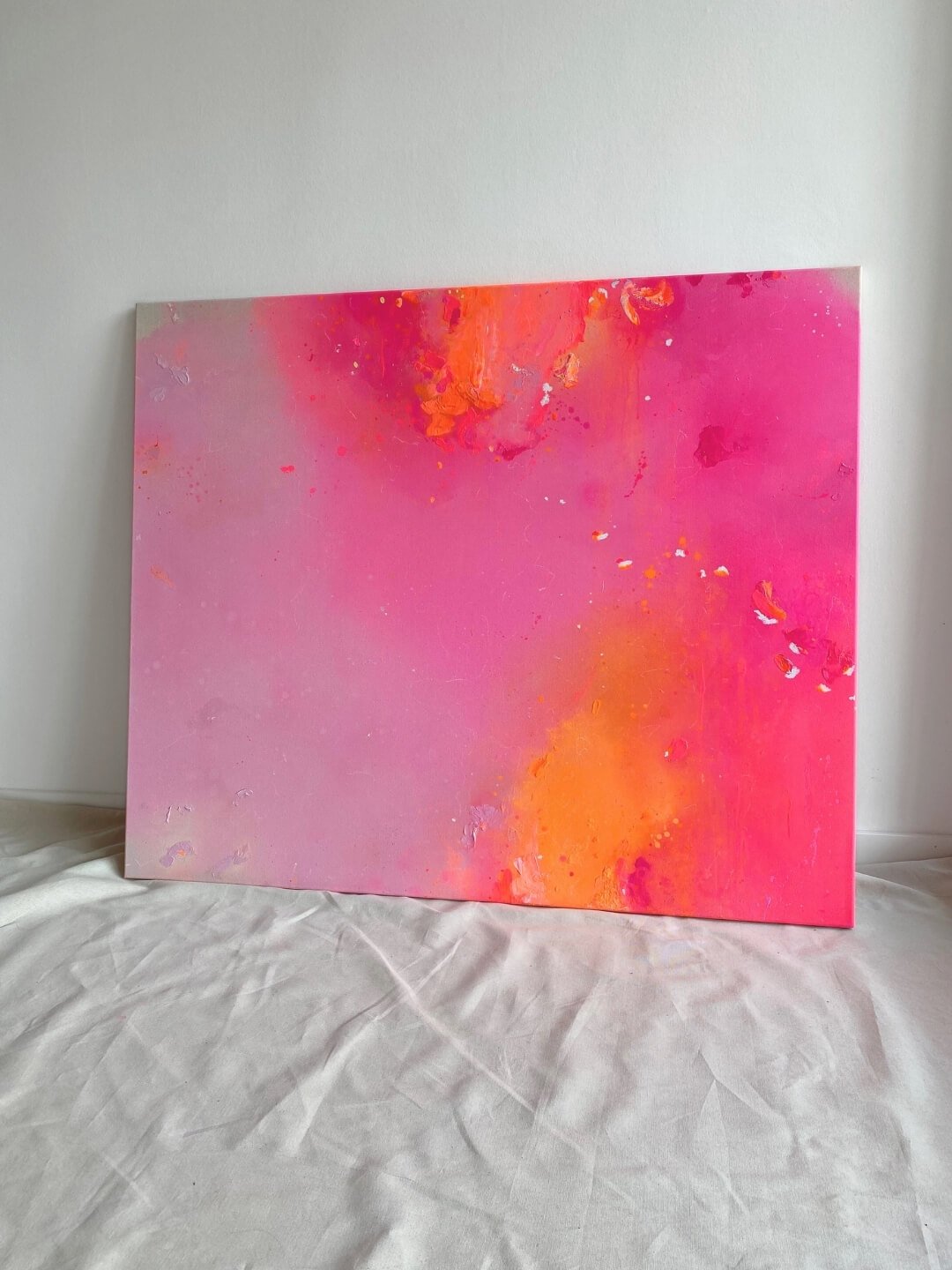 Pink Euphoria, an original abstract canvas painting featuring intense gradients of pink, red, rose, and orange by Vanessa Ochi