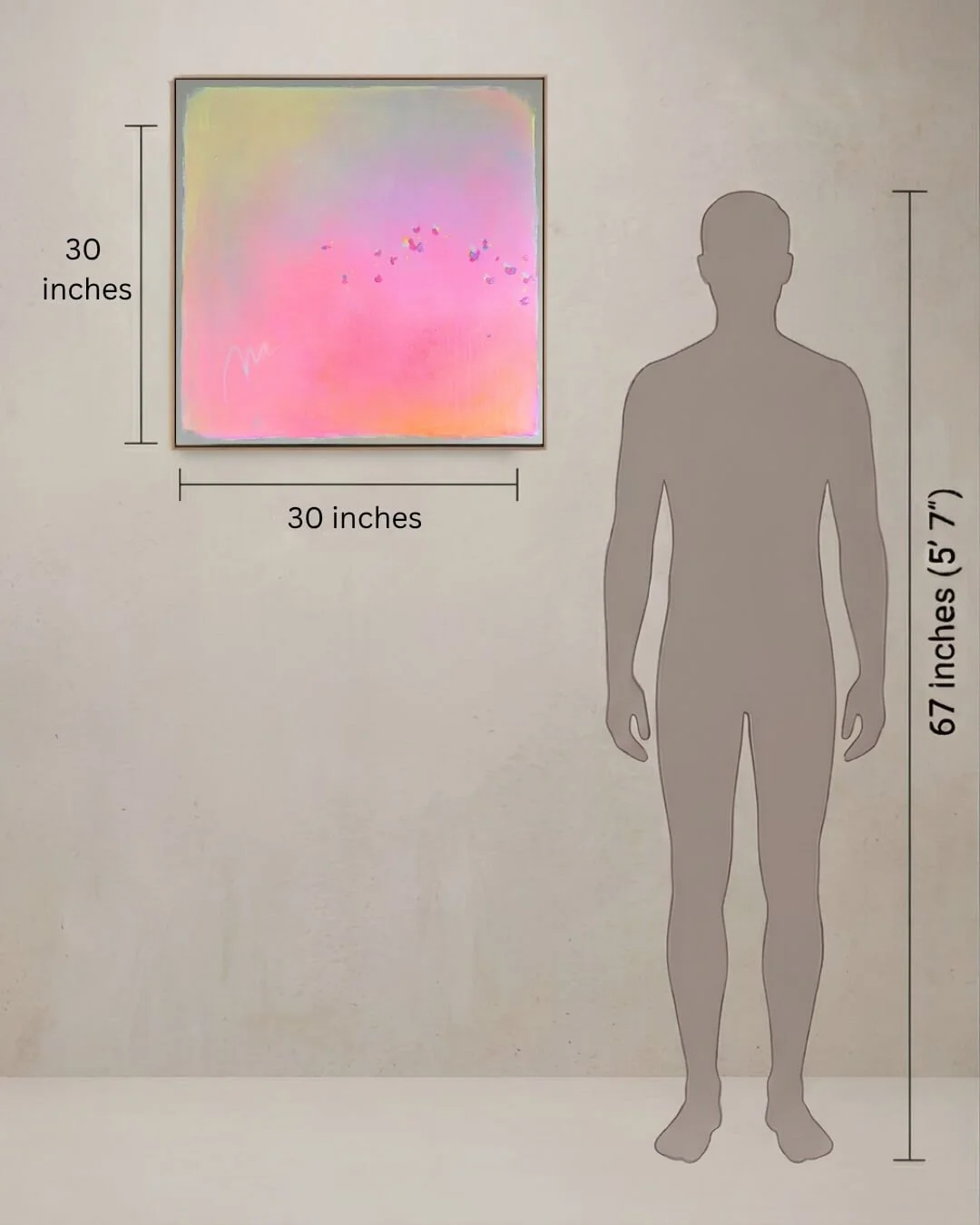 Size comparison showing a large artwork next to a human silhouette to illustrate its scale