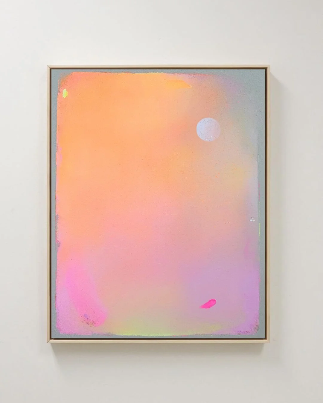 Original abstract night sky painting featuring a white full moon, subtle glitter, and a radiant gradient of pink, orange, yellow, and purple by Vanessa Ochi