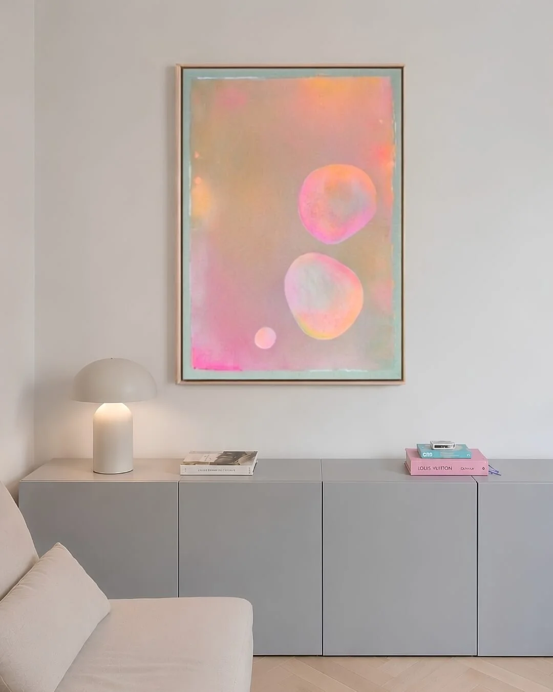 Original abstract painting featuring colorful floating bubbles with soft gradients of beige, gentle pink, and radiant orange by Vanessa Ochi.