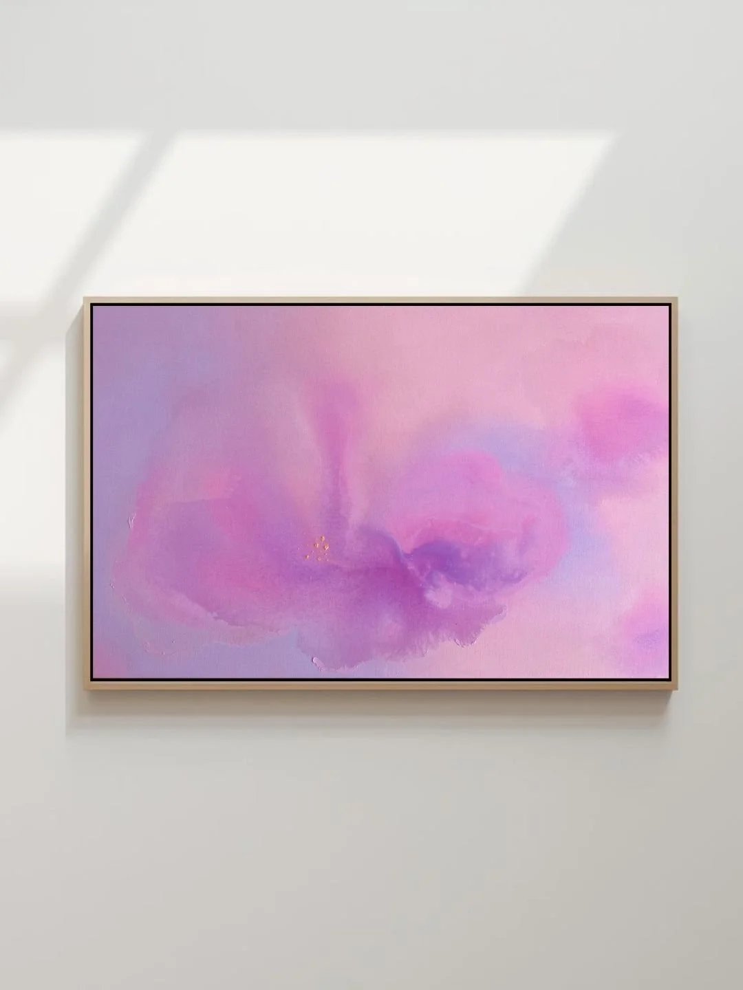 Atmospheric pastel abstract painting showcasing a soothing blend of purple, lilac, and soft rose tones by Vanessa Ochi.