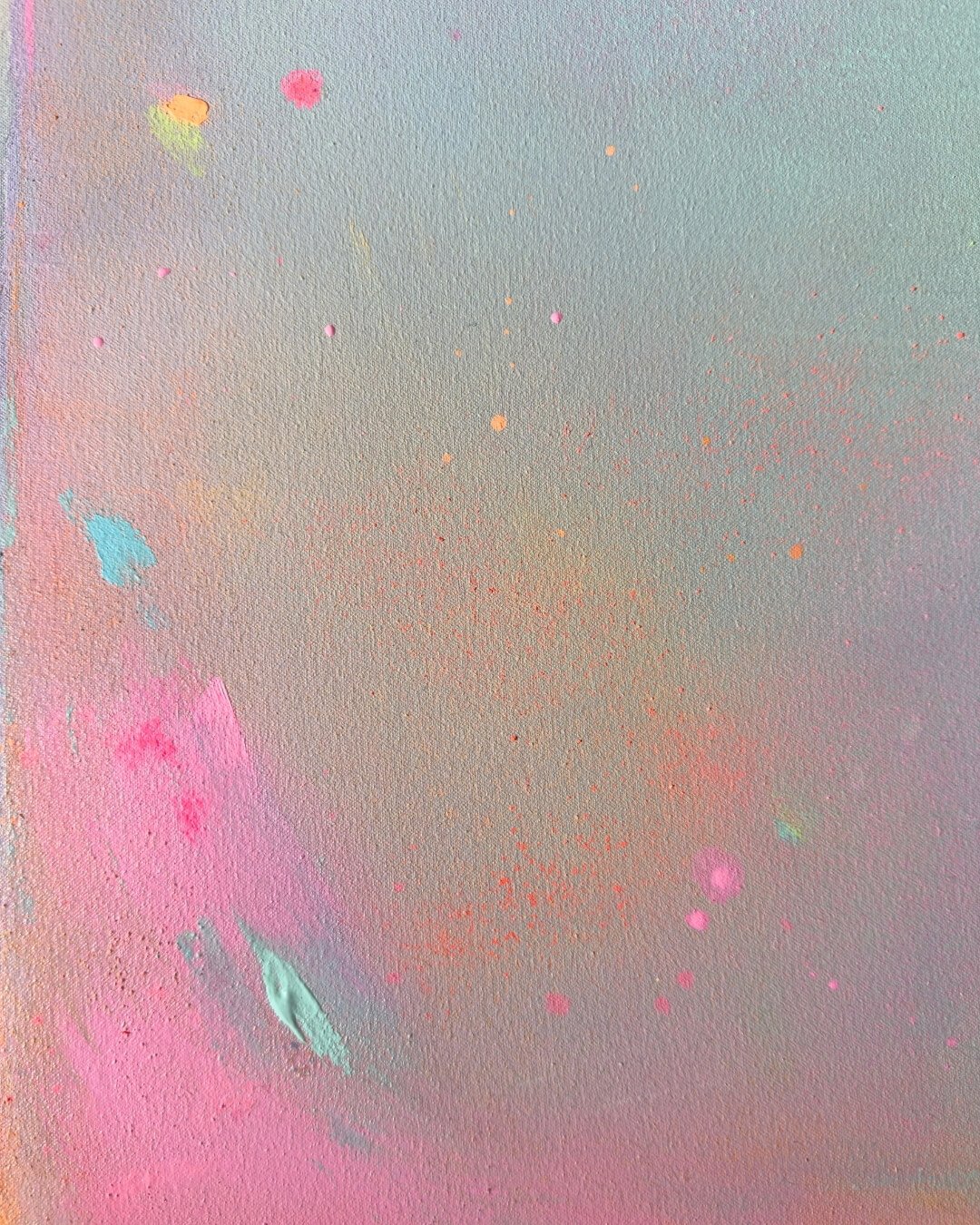 close up Atmospheric abstract landscape depicting a sunrise, featuring a radiant orange sun set against a soft-gradient background of turquoise, green, and pink by Vanessa Ochi