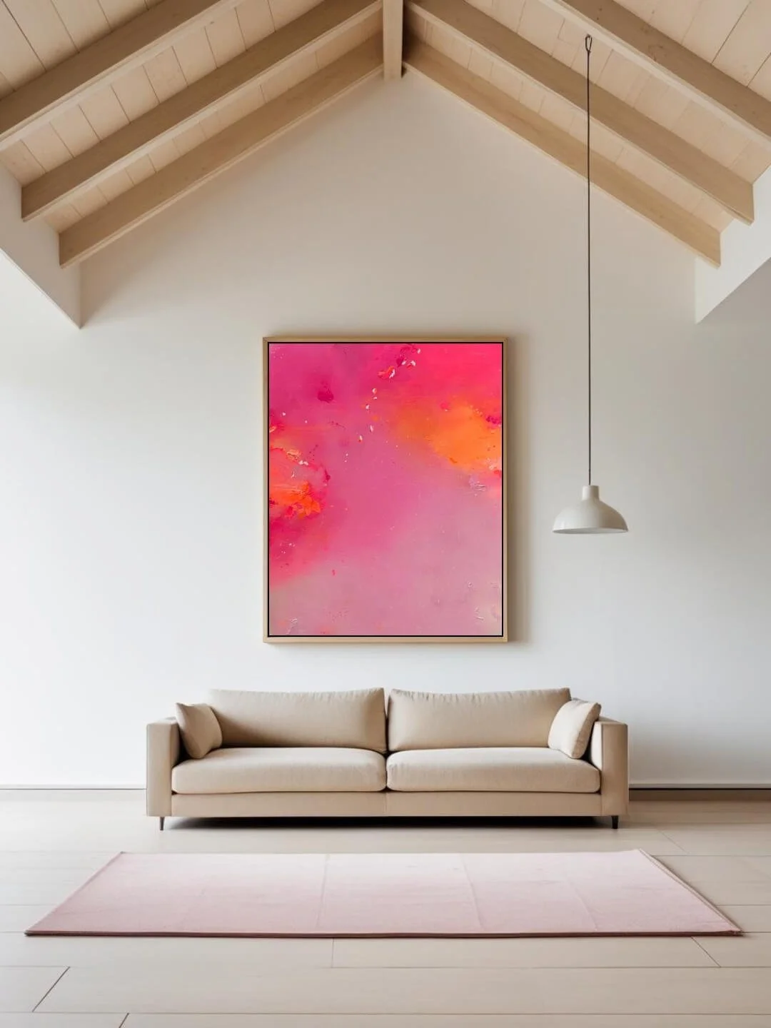 Framed abstract statement art Pink Euphoria with energetic pink and rose gradients styled above a sofa in a modern space