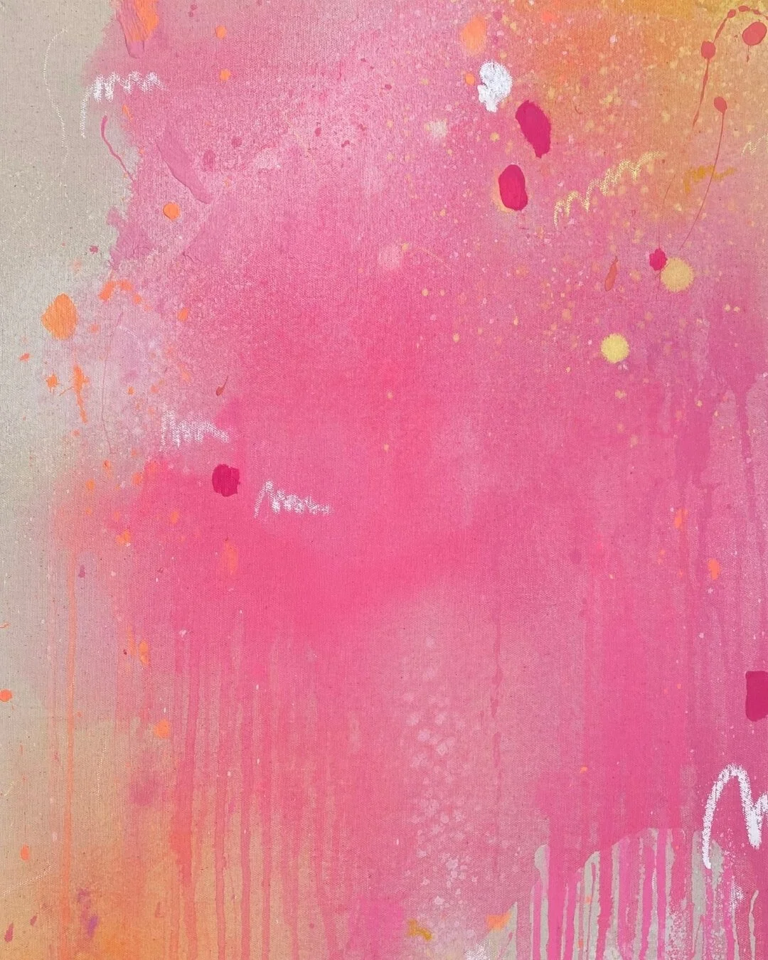 Close-up detail shot focusing on the white chalk-like scribble accents, paint drips, and fine neon splatter over a hot pink background by Vanessa Ochi