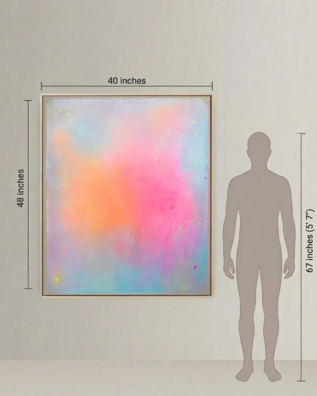 Size comparison showing a large artwork next to a human silhouette to illustrate its scale