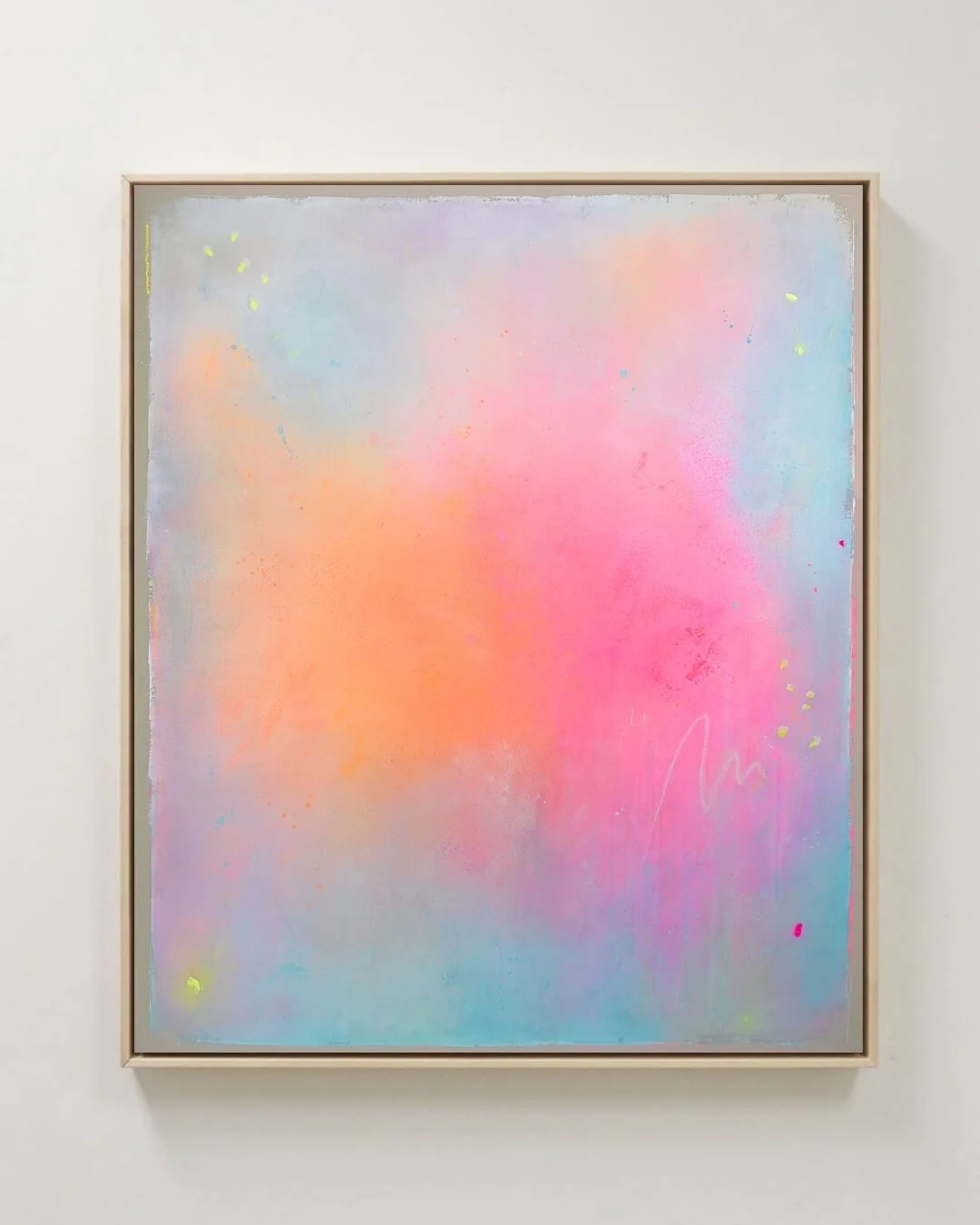 Bloom in Waterlight, an original abstract canvas painting featuring warm orange and pink tones drifting over a turquoise surface by Vanessa Ochi