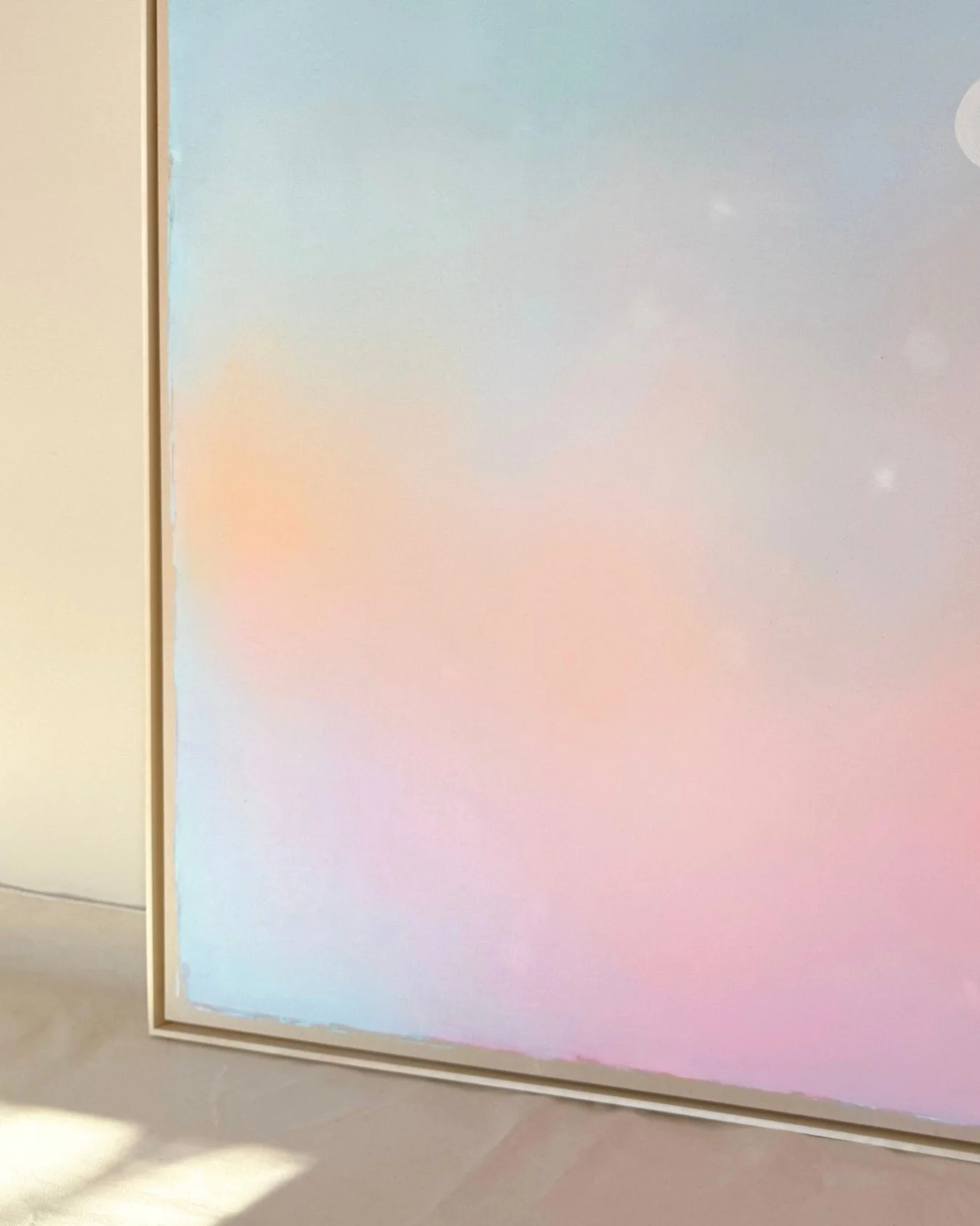 Detail view from Large abstract canvas art depicting a dreamy atmospheric sky with seamless transitions of pastel blue, soft pink, and warm orange by Vanessa Ochi