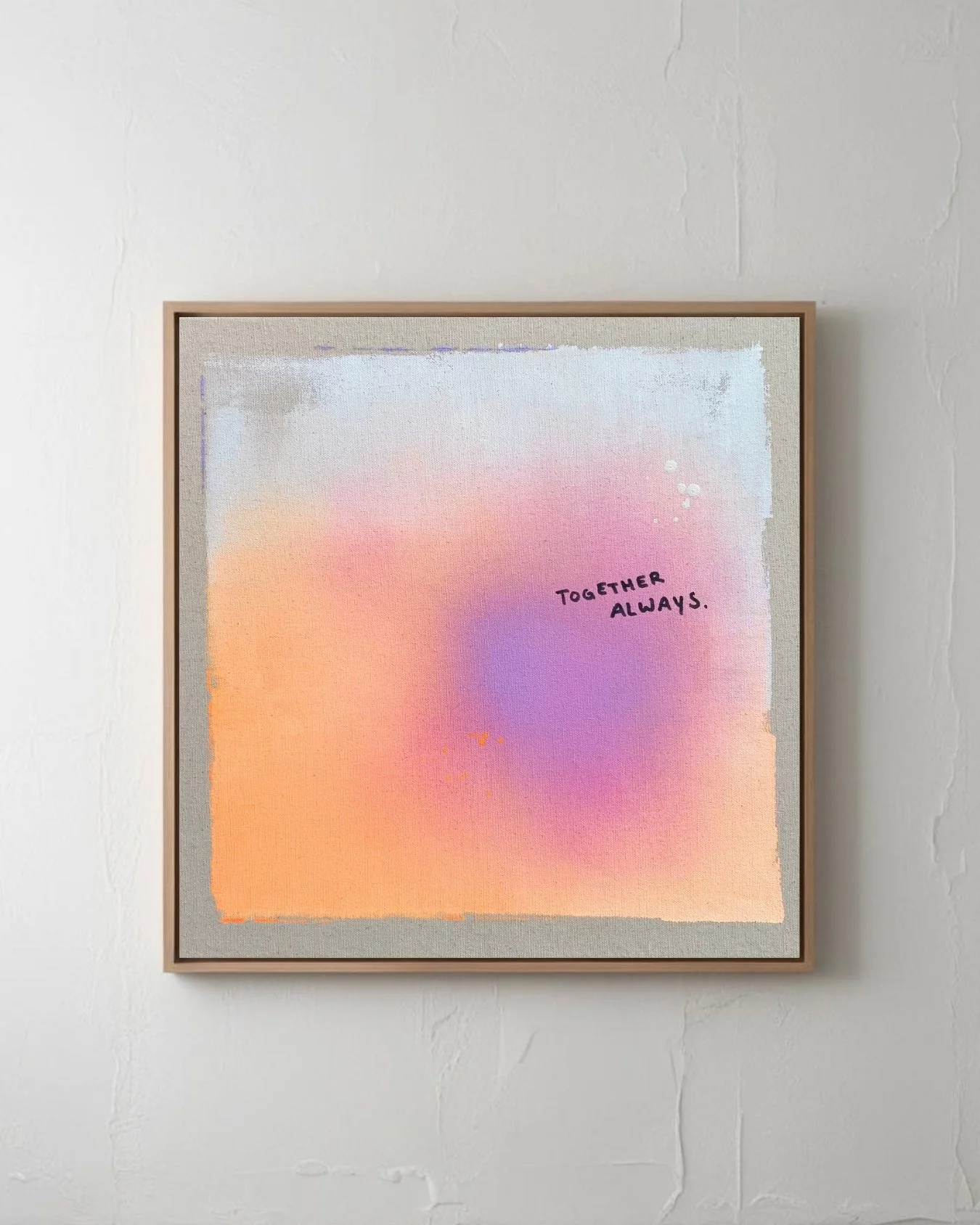 Luminous canvas artwork in electric neon orange and purple tones displaying typography about timeless connection by Vanessa Ochi.