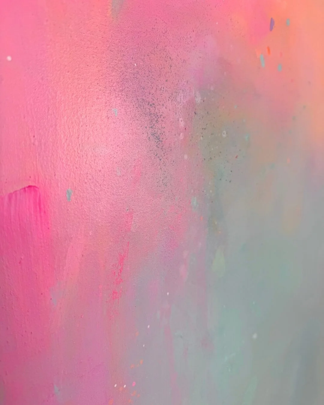 close up Atmospheric abstract landscape depicting a sunrise, featuring a radiant orange sun set against a soft-gradient background of turquoise, green, and pink by Vanessa Ochi