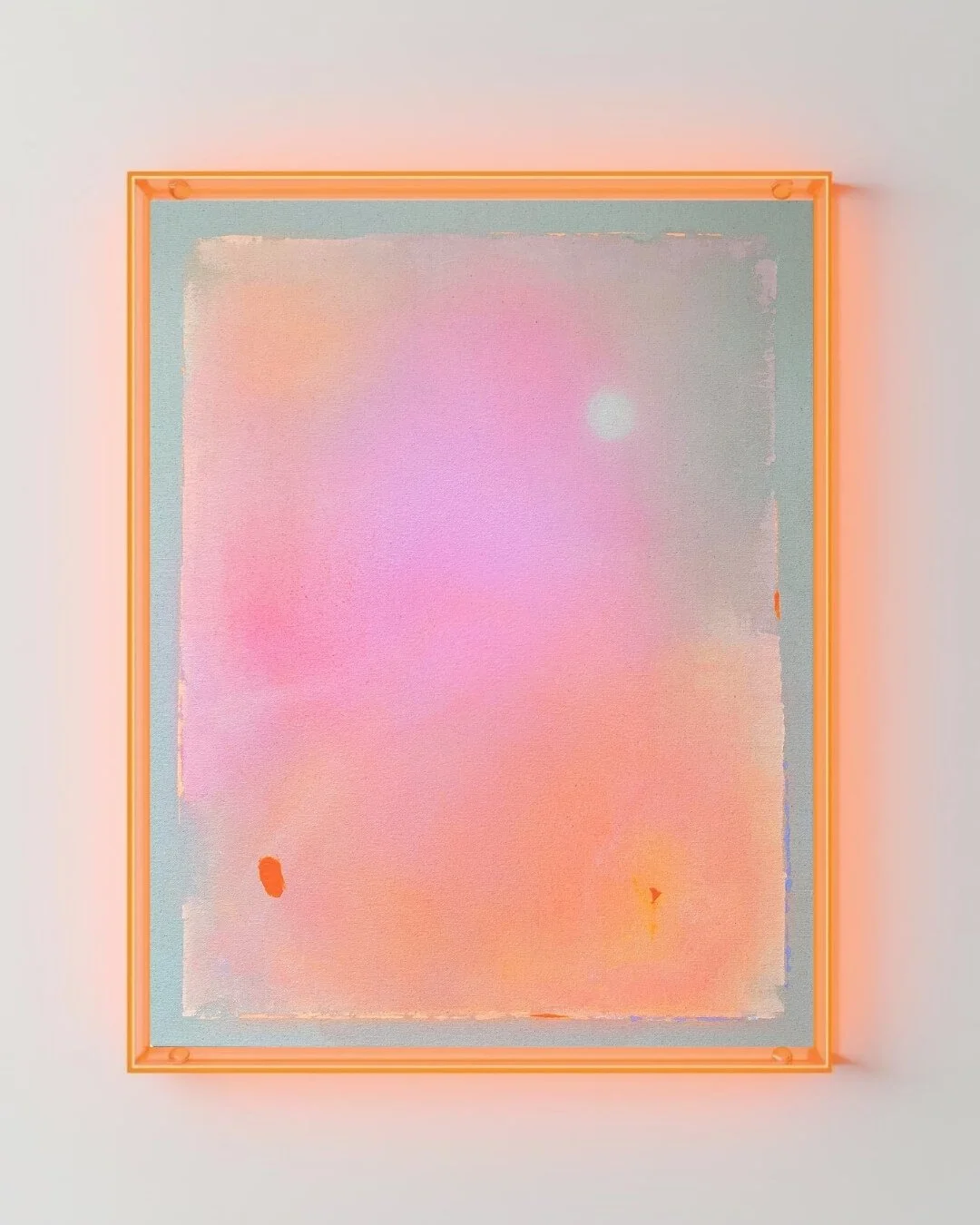 Original abstract night sky painting featuring a white full moon, subtle glitter, and a radiant gradient of pink, orange, yellow, and purple by Vanessa Ochi