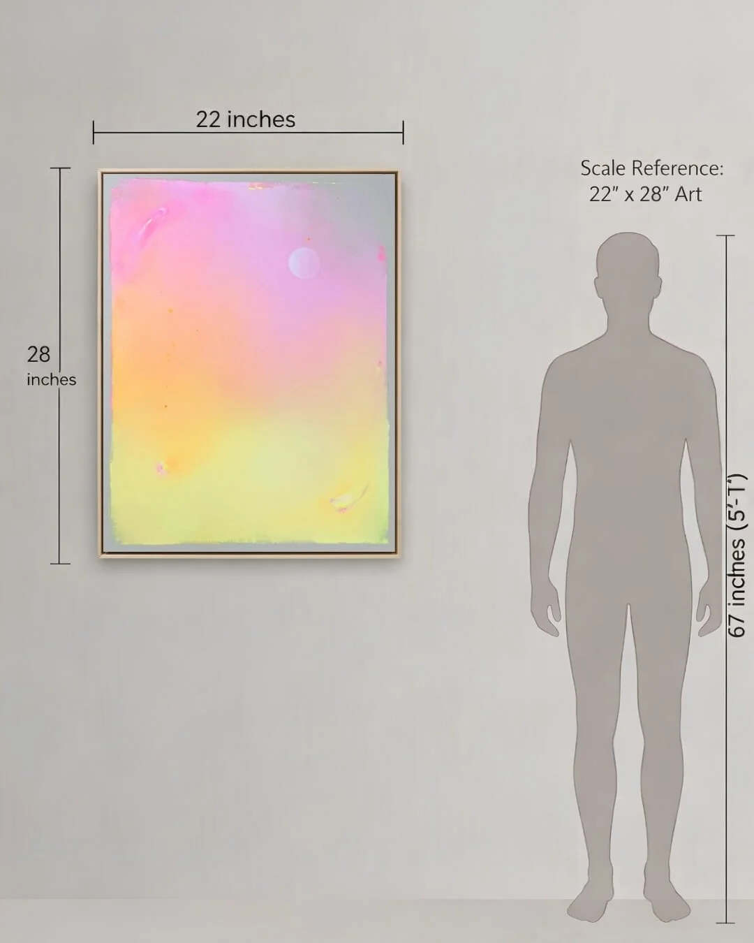 Size comparison showing a large artwork next to a human silhouette to illustrate its scale.