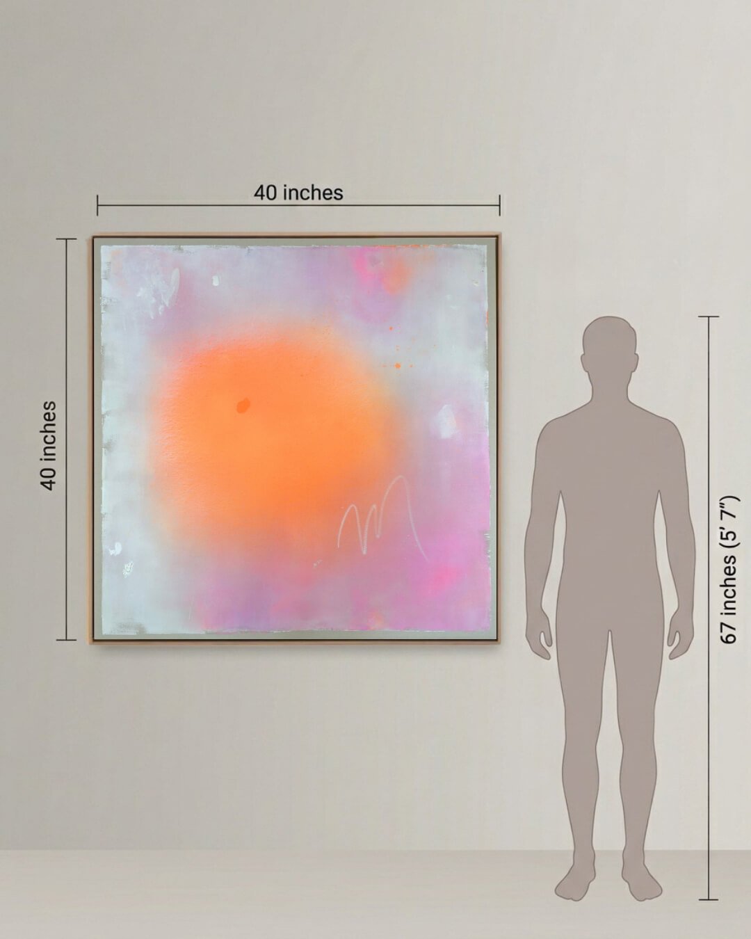 Size comparison showing a large artwork next to a human silhouette to illustrate its scale