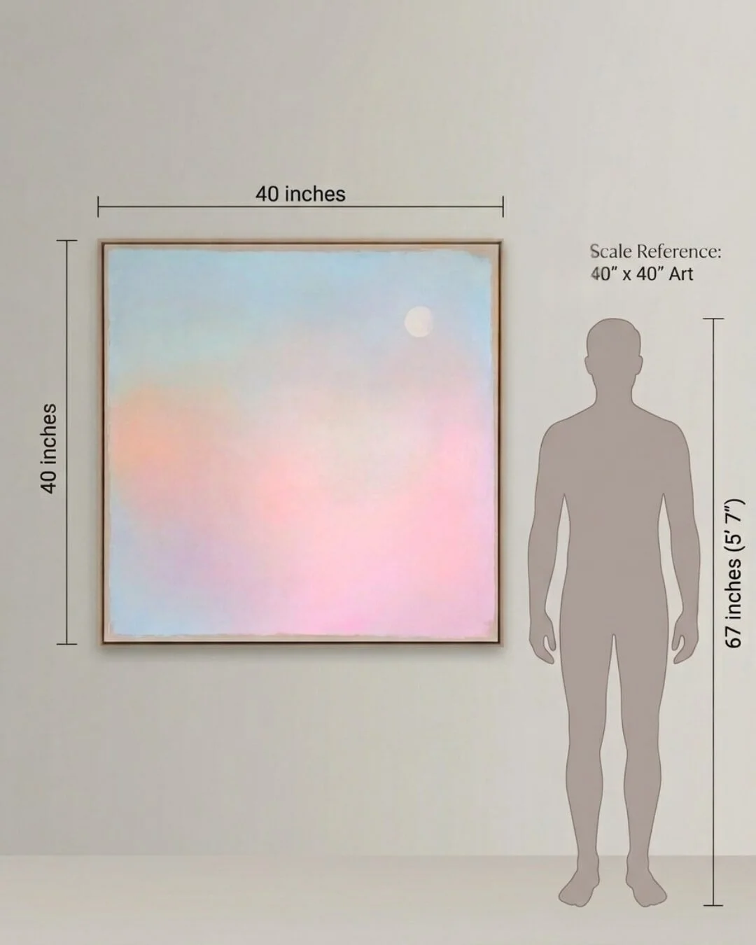 Size comparison showing a large artwork next to a human silhouette to illustrate its scale