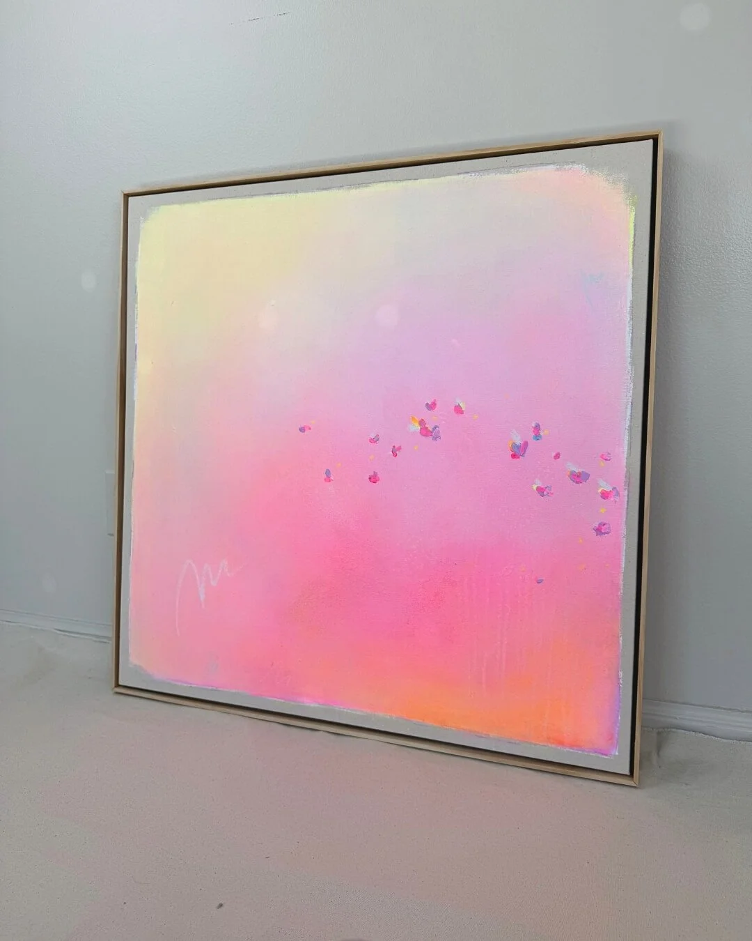 Summer Breeze, an original abstract pastel canvas painting featuring warm pink tones and a smooth color flow by Vanessa Ochi.