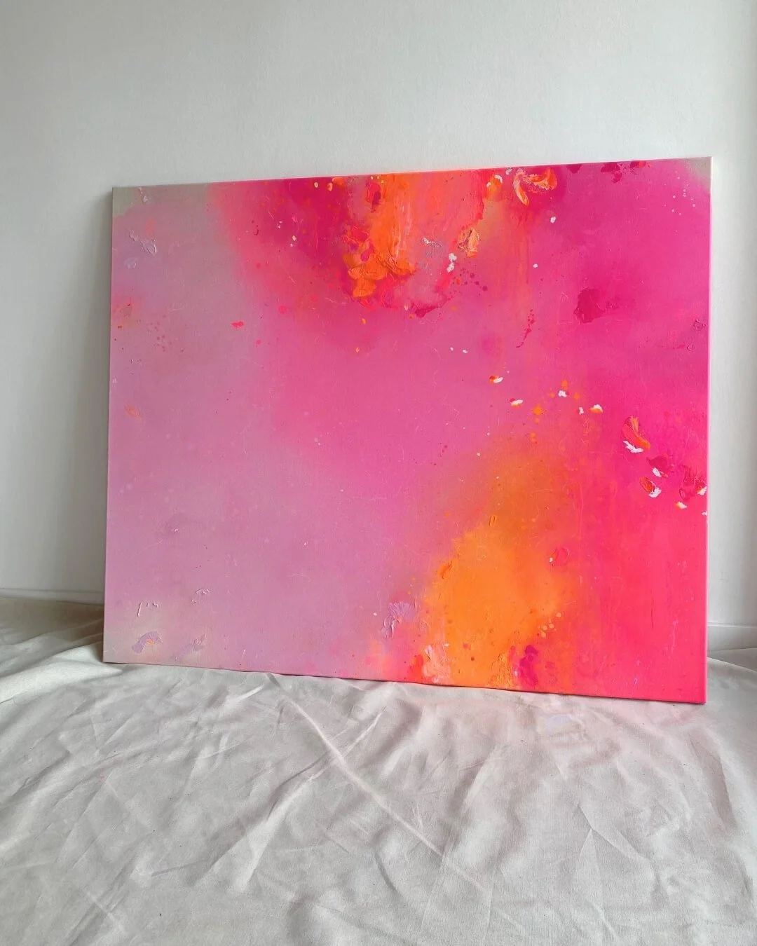 Pink Euphoria, an original abstract canvas painting featuring intense gradients of pink, red, rose, and orange by Vanessa Ochi