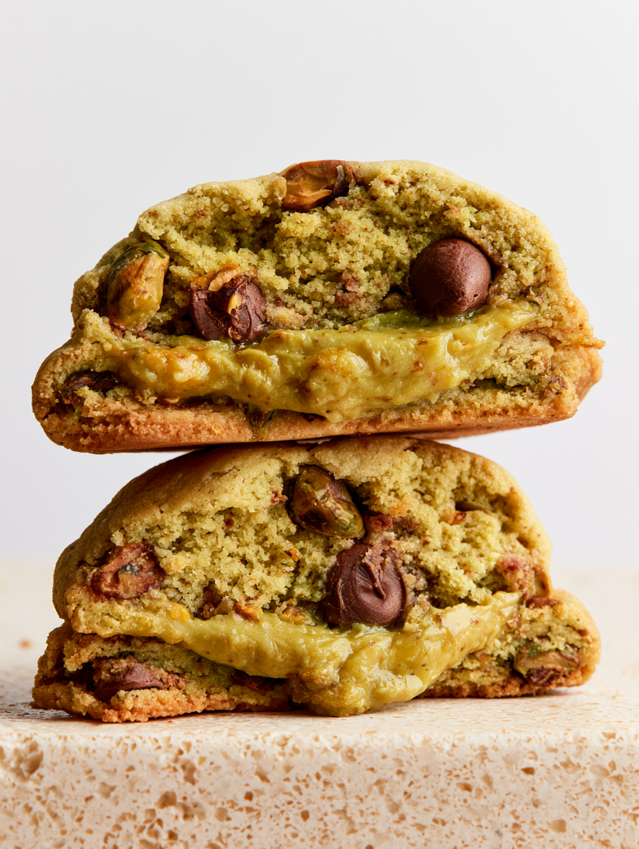 Close-up of a cookie halved, showing gooey chocolate chips and melted caramel inside, with the other half resting on top, on a textured white surface.