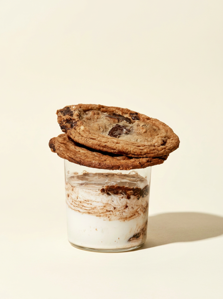 A glass of layered tiramisu with two chocolate chip cookies on top