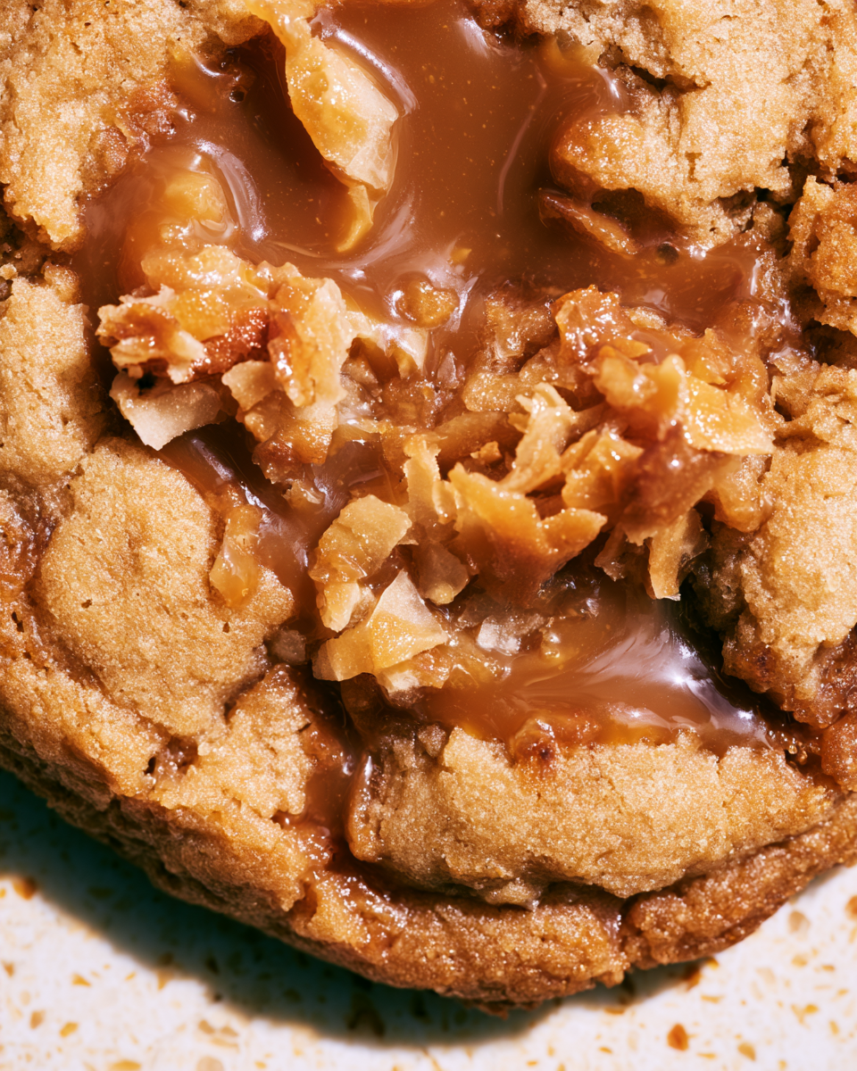 Close-up of a freshly baked apple cobbler with caramelized apple filling and a golden, crumbly topping.