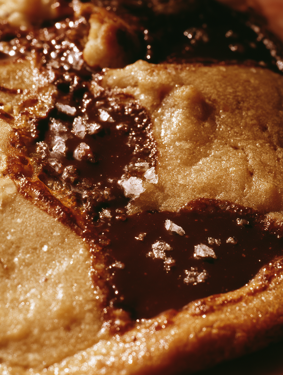 Close-up of a baked dessert with chocolate and flaky salt on top.