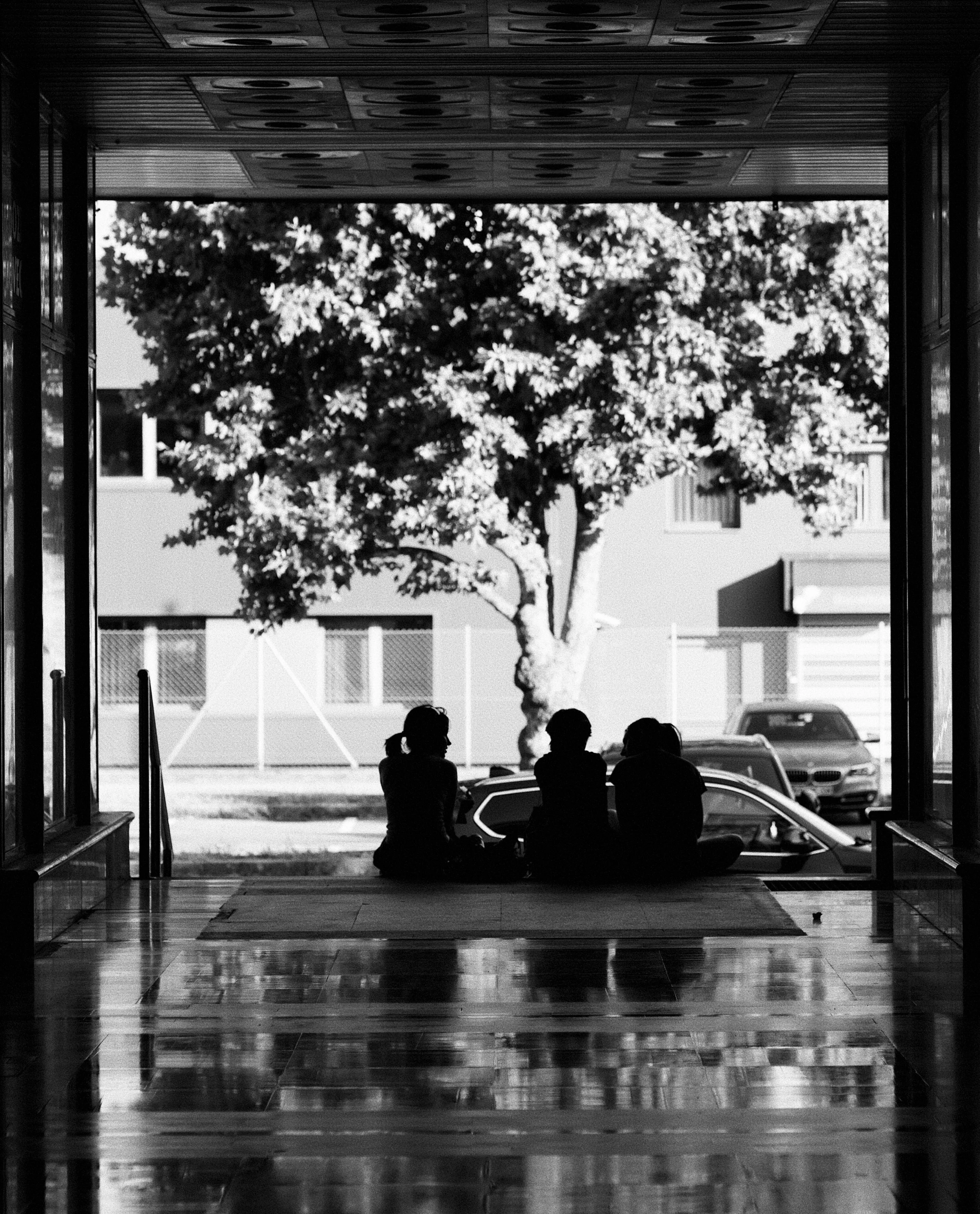 Silhouettes of three people sitting and chatting under an overhang, with a large tree and buildings in the background, photographed in black and white.