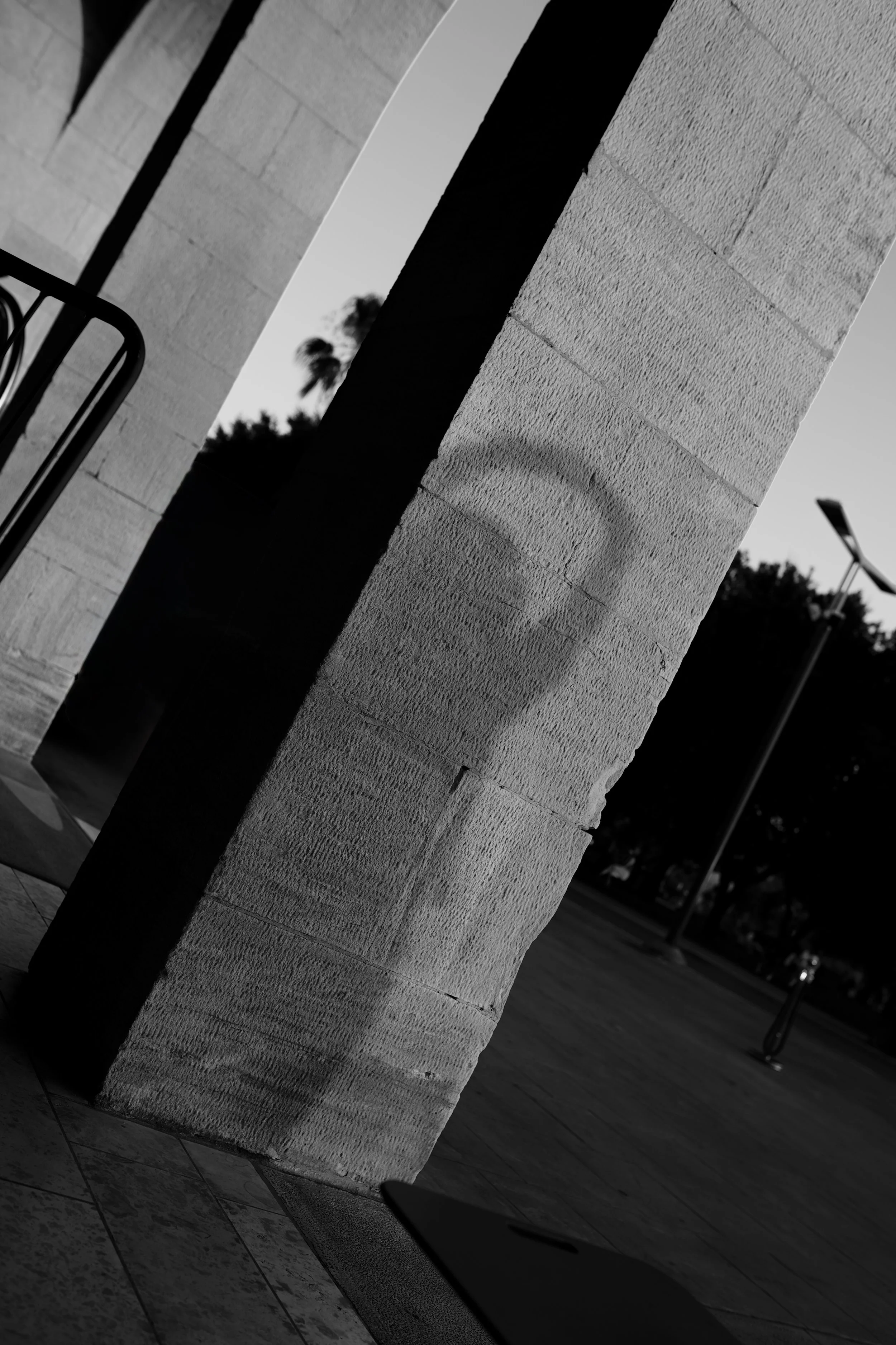Black and white photo of a brick column with a small section of a tiled floor visible at the bottom, and some outdoor elements like trees and a street light in the background.