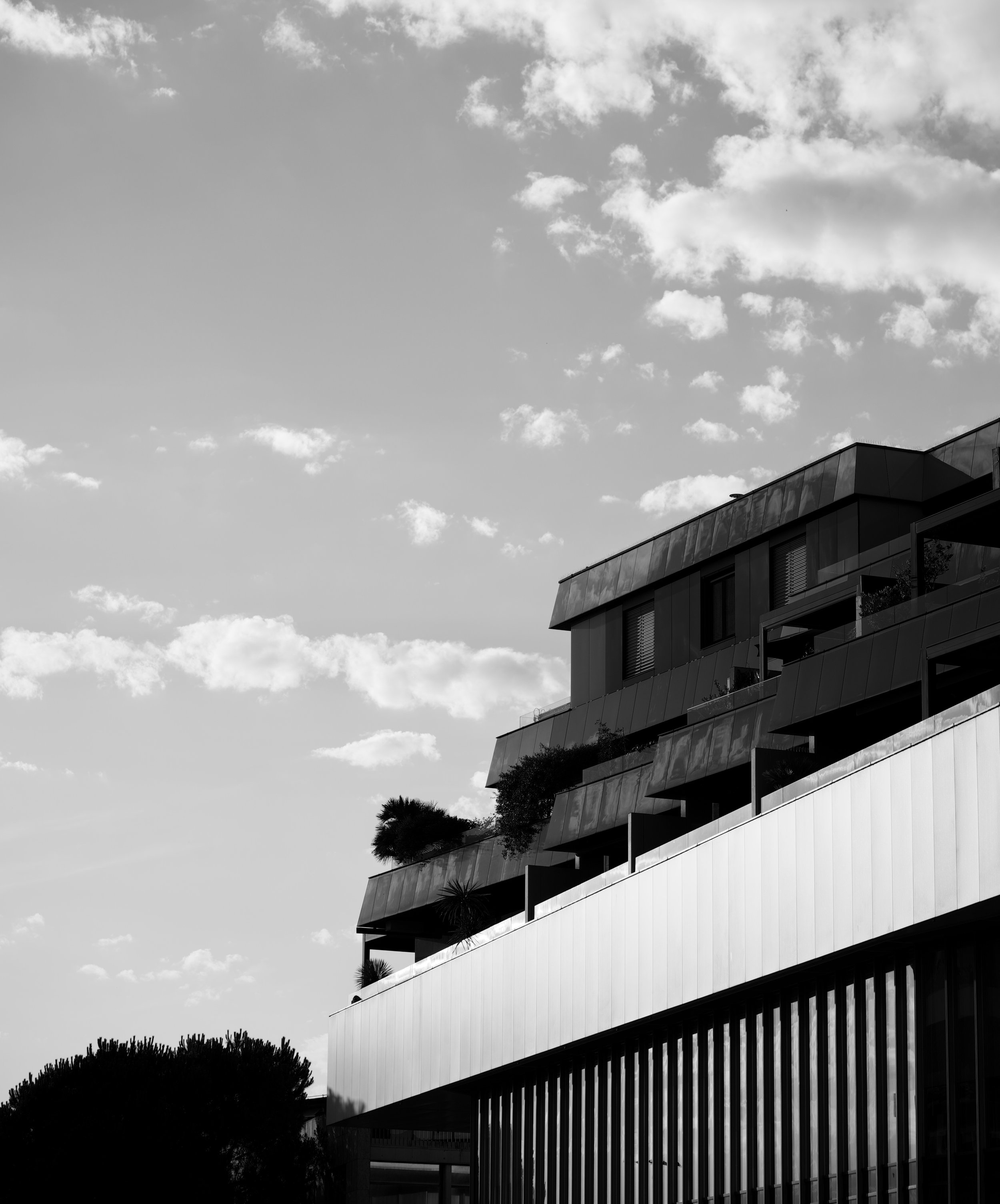 Black and white photo of modern multi-story building with large glass windows and trees in the foreground, under a partly cloudy sky.