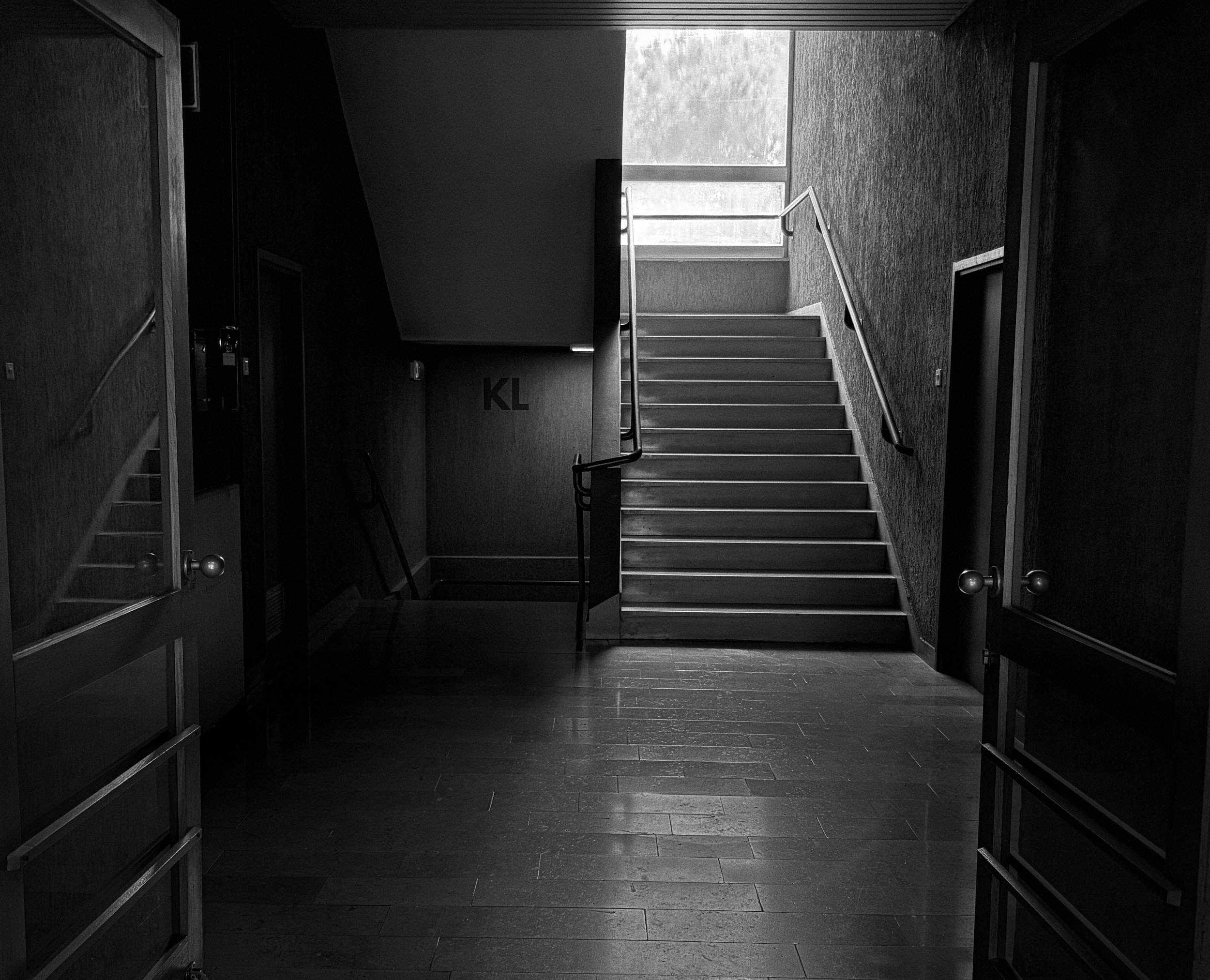 Black and white photo of a staircase with railing leading up to a window, with wood-paneled walls on either side.